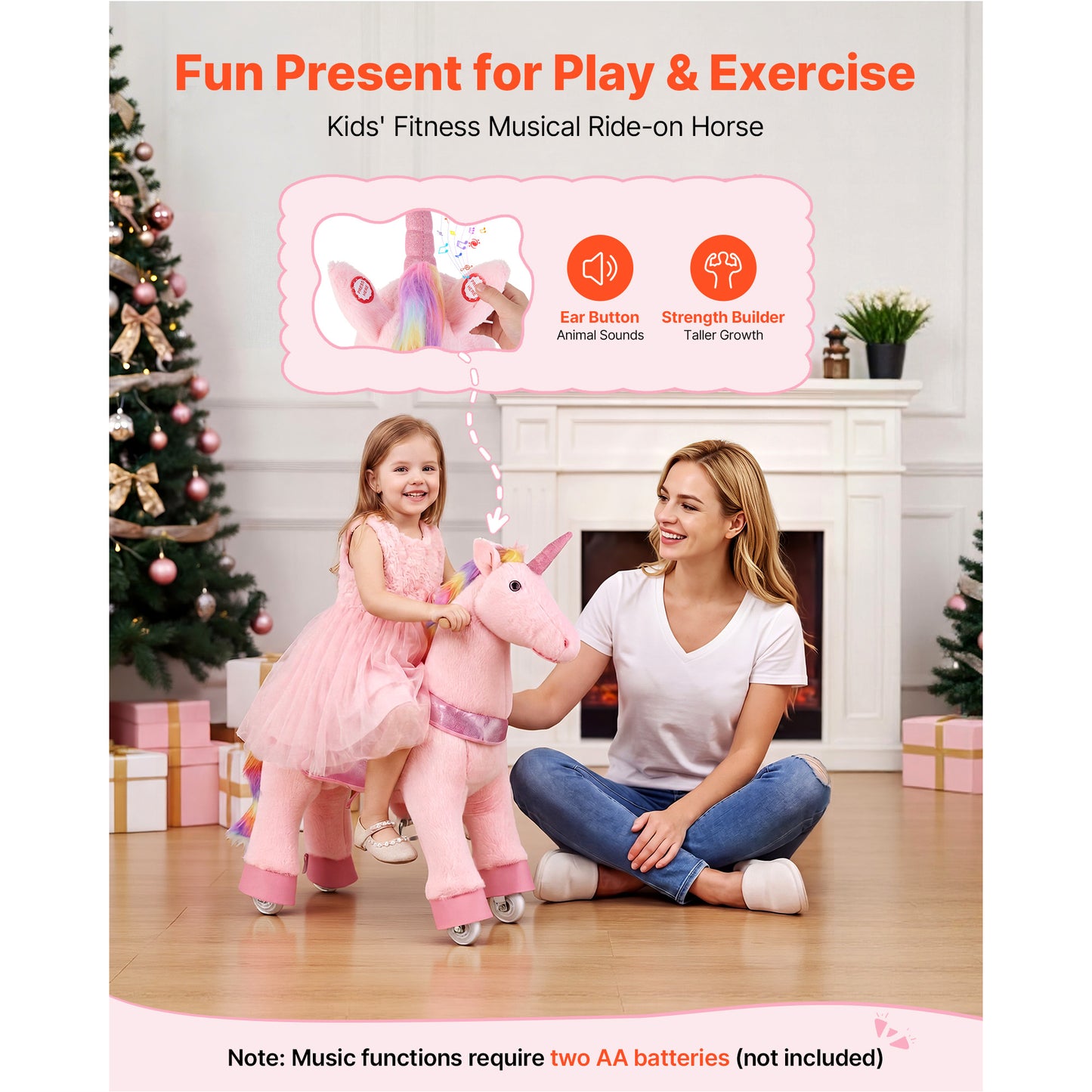 Kids Ride-On Horse Toy with Pink Unicorn Design - No Battery Needed, Smooth Wheels, Upgraded Seat & Handles, 3-8 Years