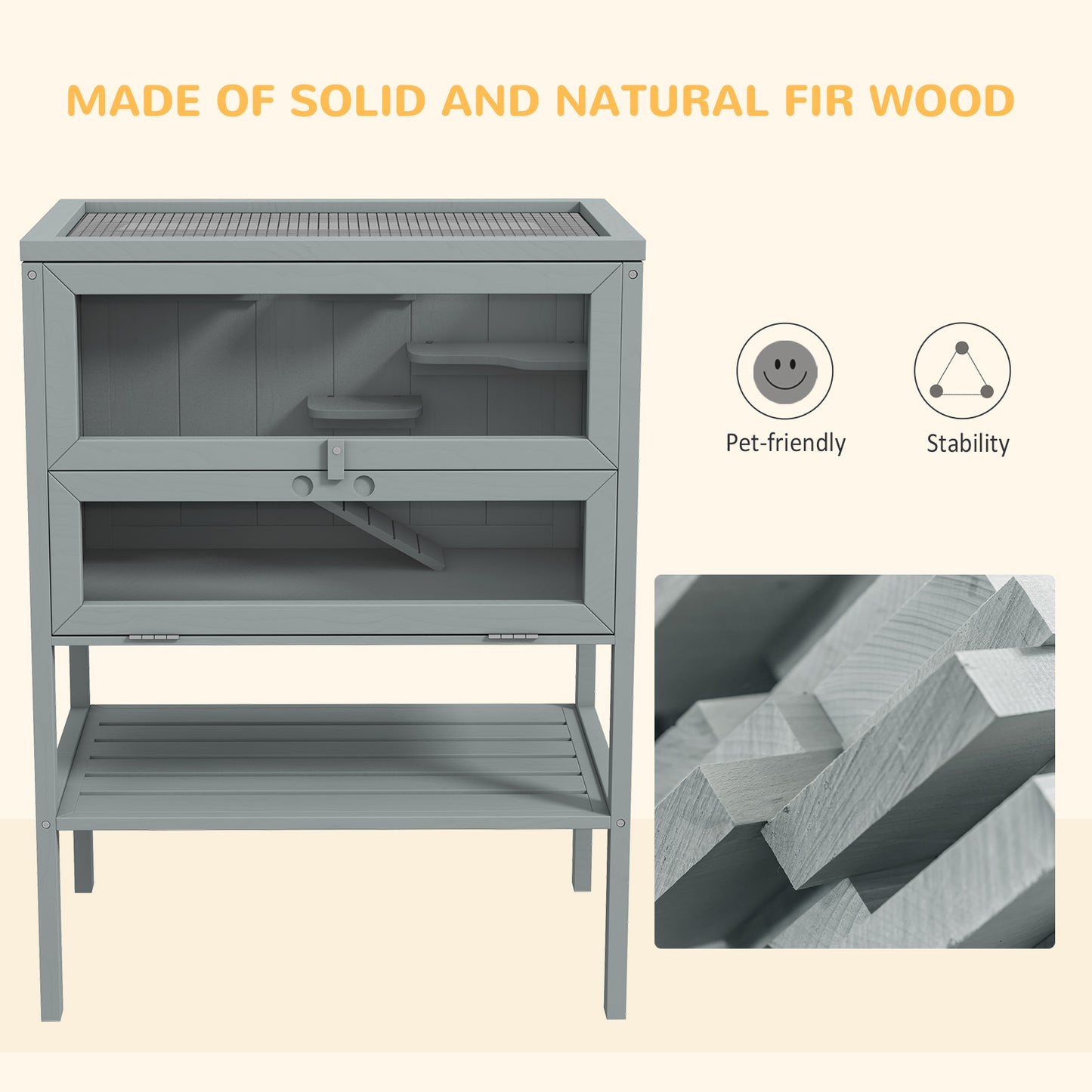 3-Tier Wooden Hamster Cage with Openable Top and Storage Shelf - Gray, 830x450x185mm