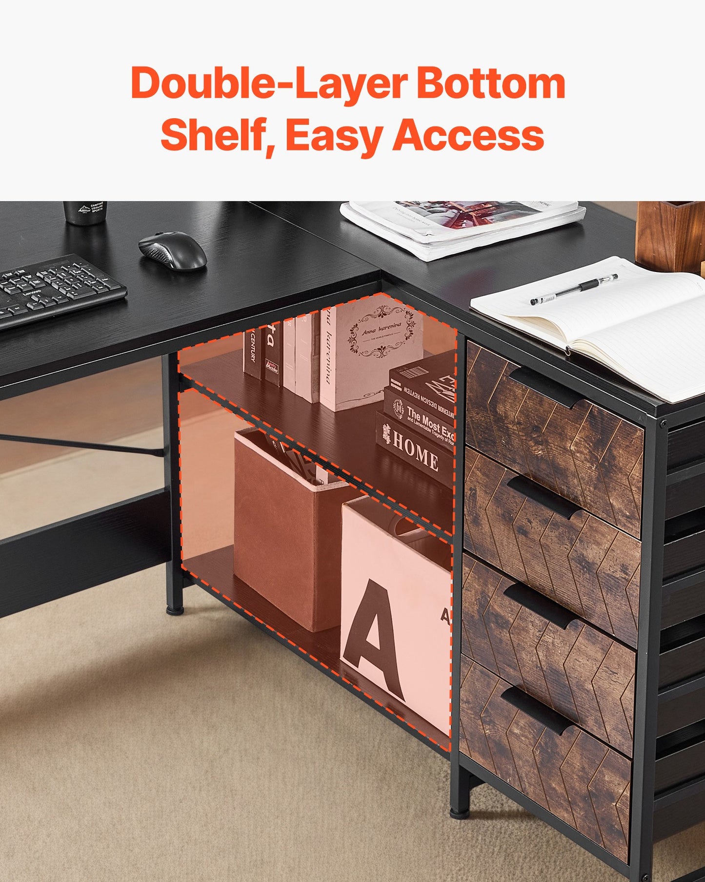 Reversible L-Shaped Computer Desk with Drawers & Shelves - 59 Inch Home Office Workstation