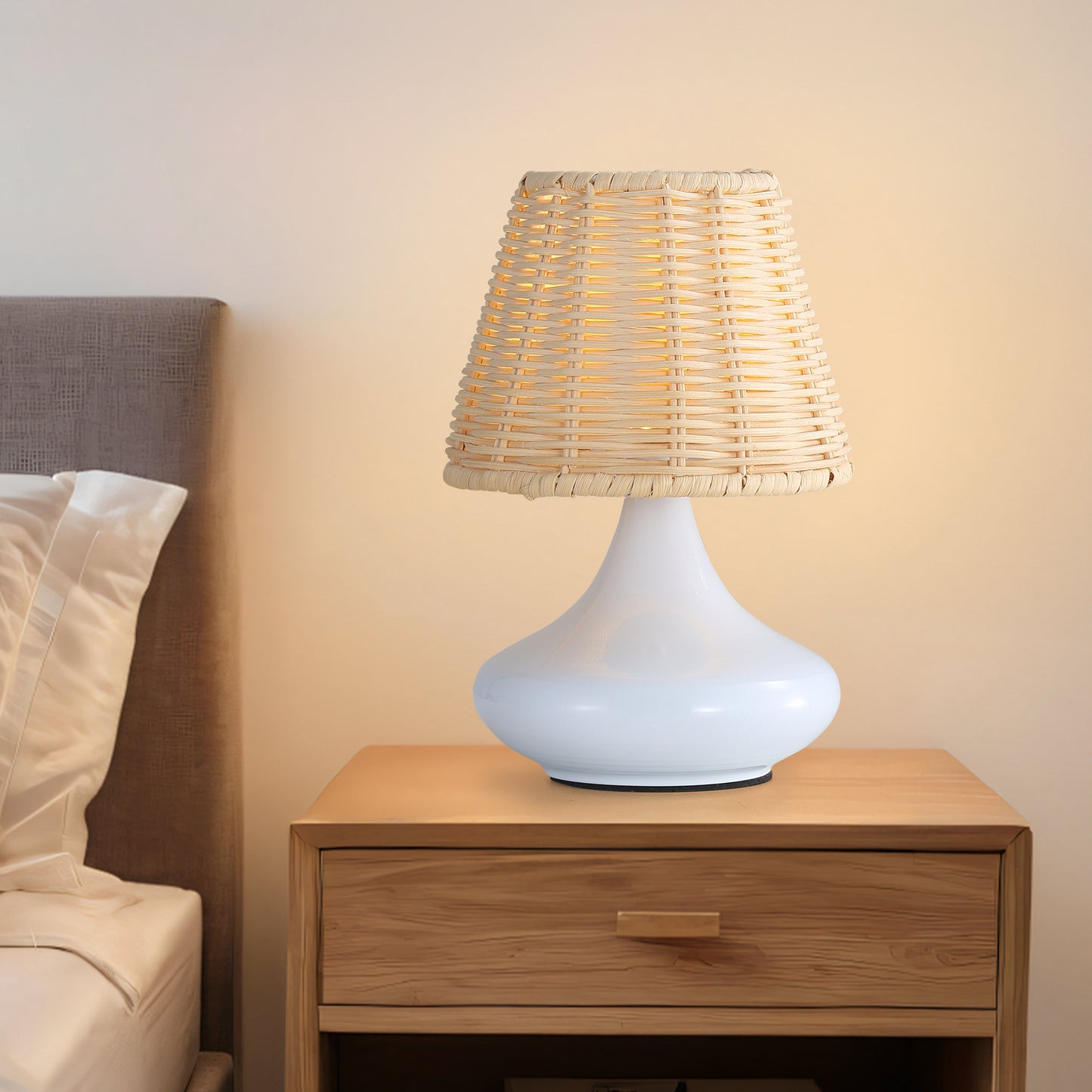 Dimmable White Bamboo Table Lamp with Iron Base - 3 Light Colors, Night Light