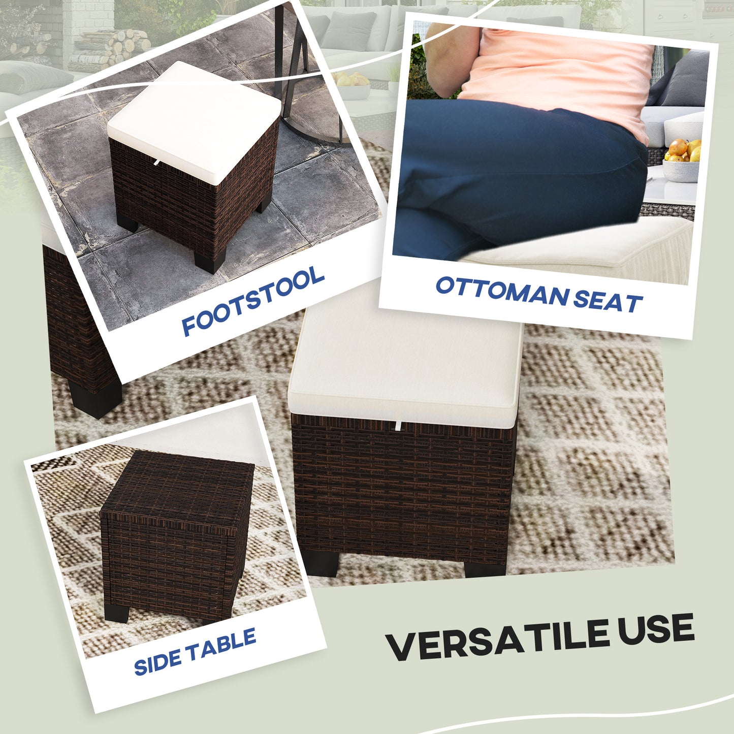2-Piece Outdoor Wicker Ottoman Set with Cushions - Beige