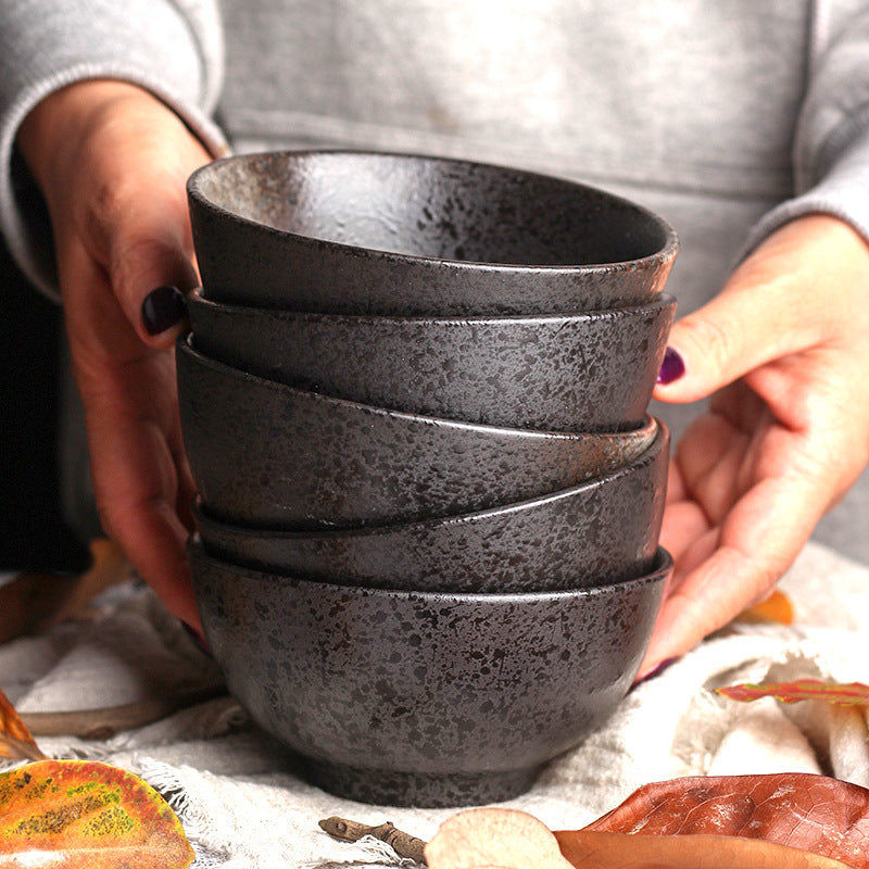 Japanese Ceramic Bowl - Retro Stoneware Tableware for Kitchen & Dining - Black - 11cm