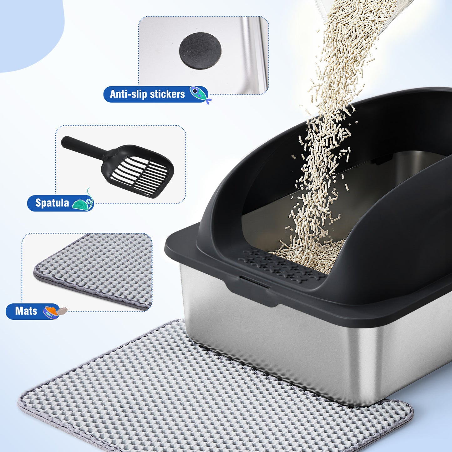 Large Stainless Steel Cat Litter Box with Lid, Odor-Free, Easy to Clean, Includes Scoop & Mat