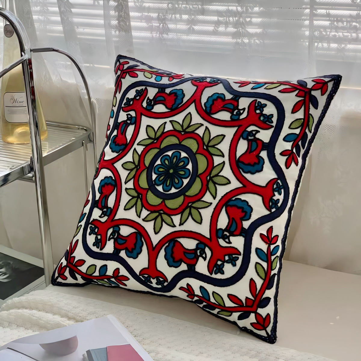 Mandala Vine Floral Embroidered Throw Pillow - Ethnic Bohemian Square Cushion for Sofa & Bedroom