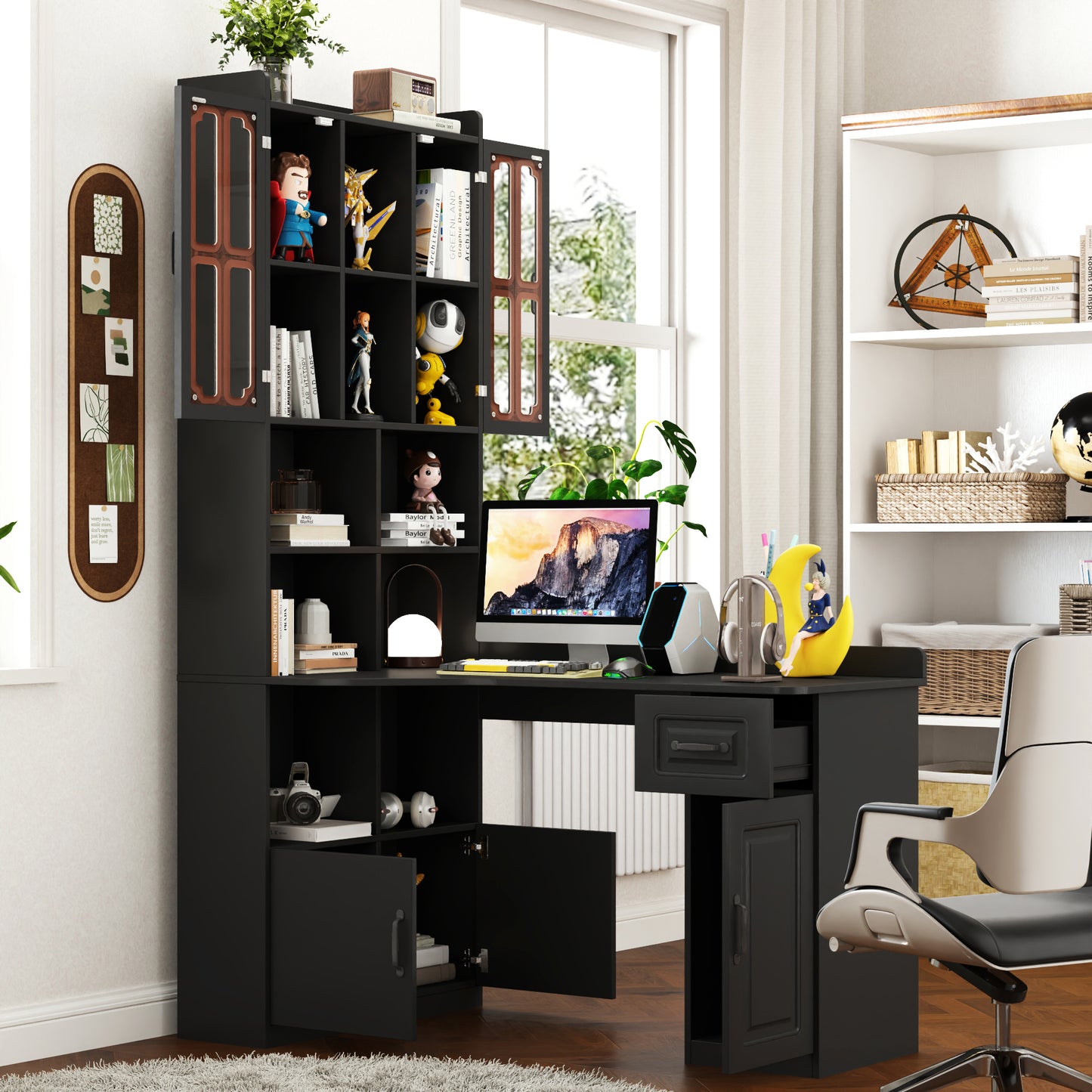 L-Shaped Corner Computer Desk with Storage & Hutch - Black