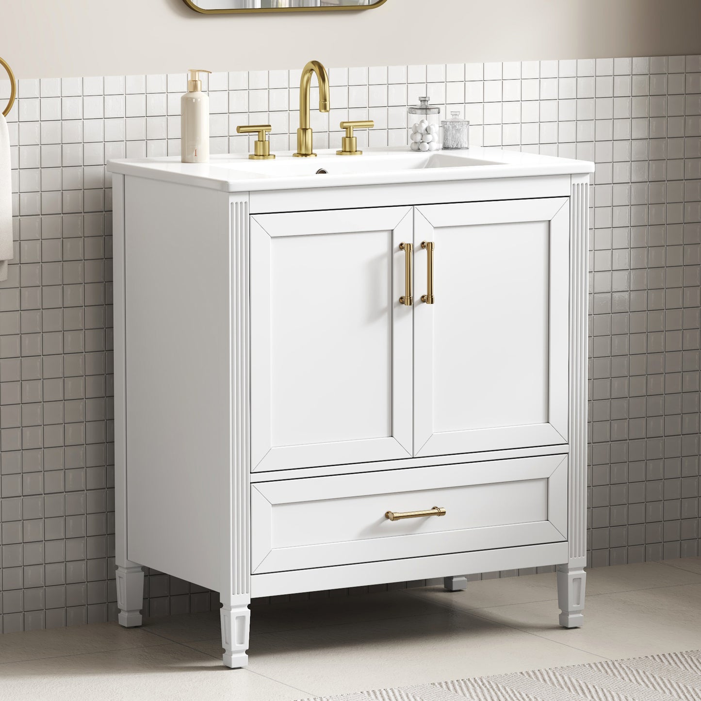 30" Elegant Fluted Bathroom Vanity with Ceramic Sink - White