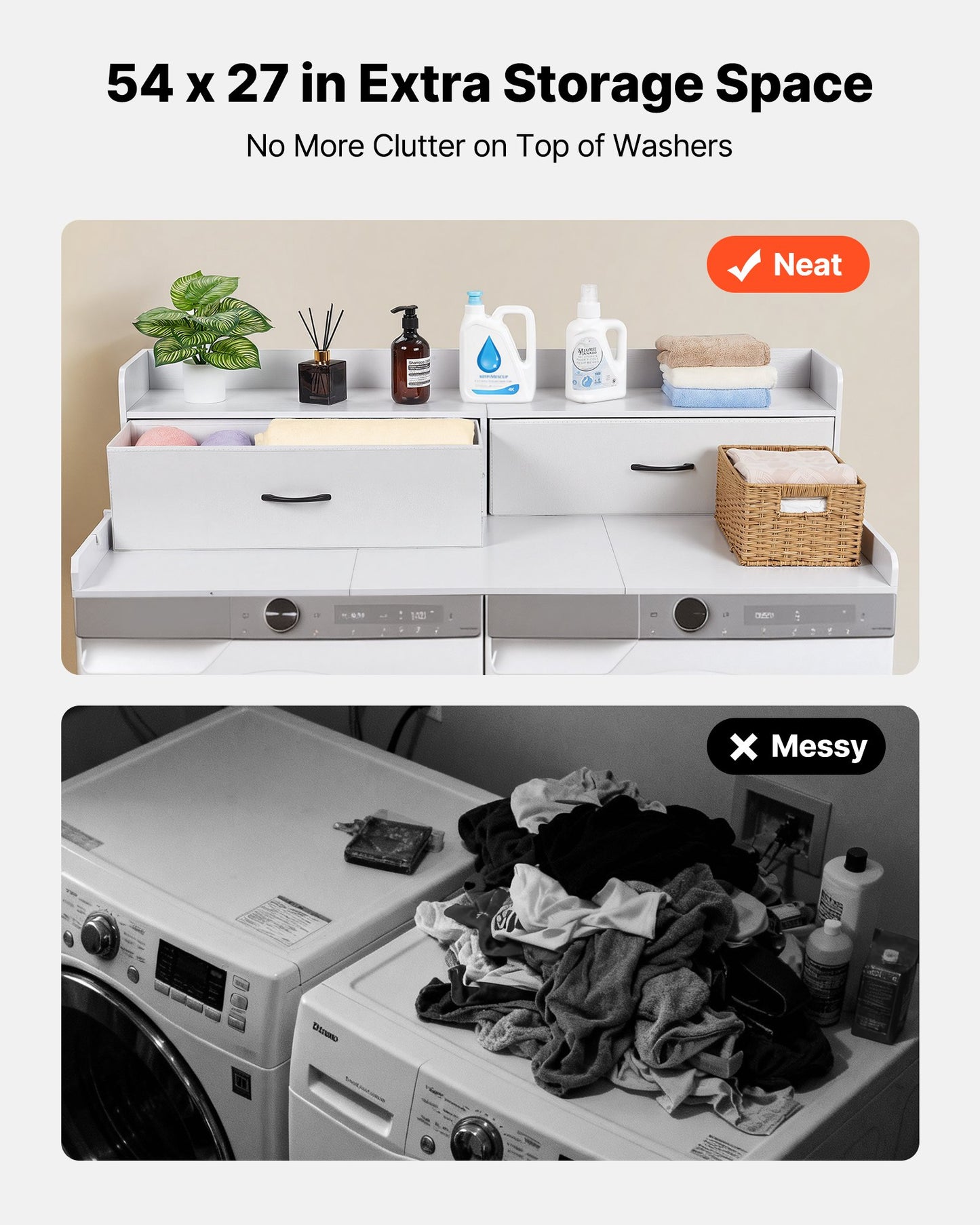 Washer Dryer Countertop with Shelf and Drawers - Laundry Storage, White