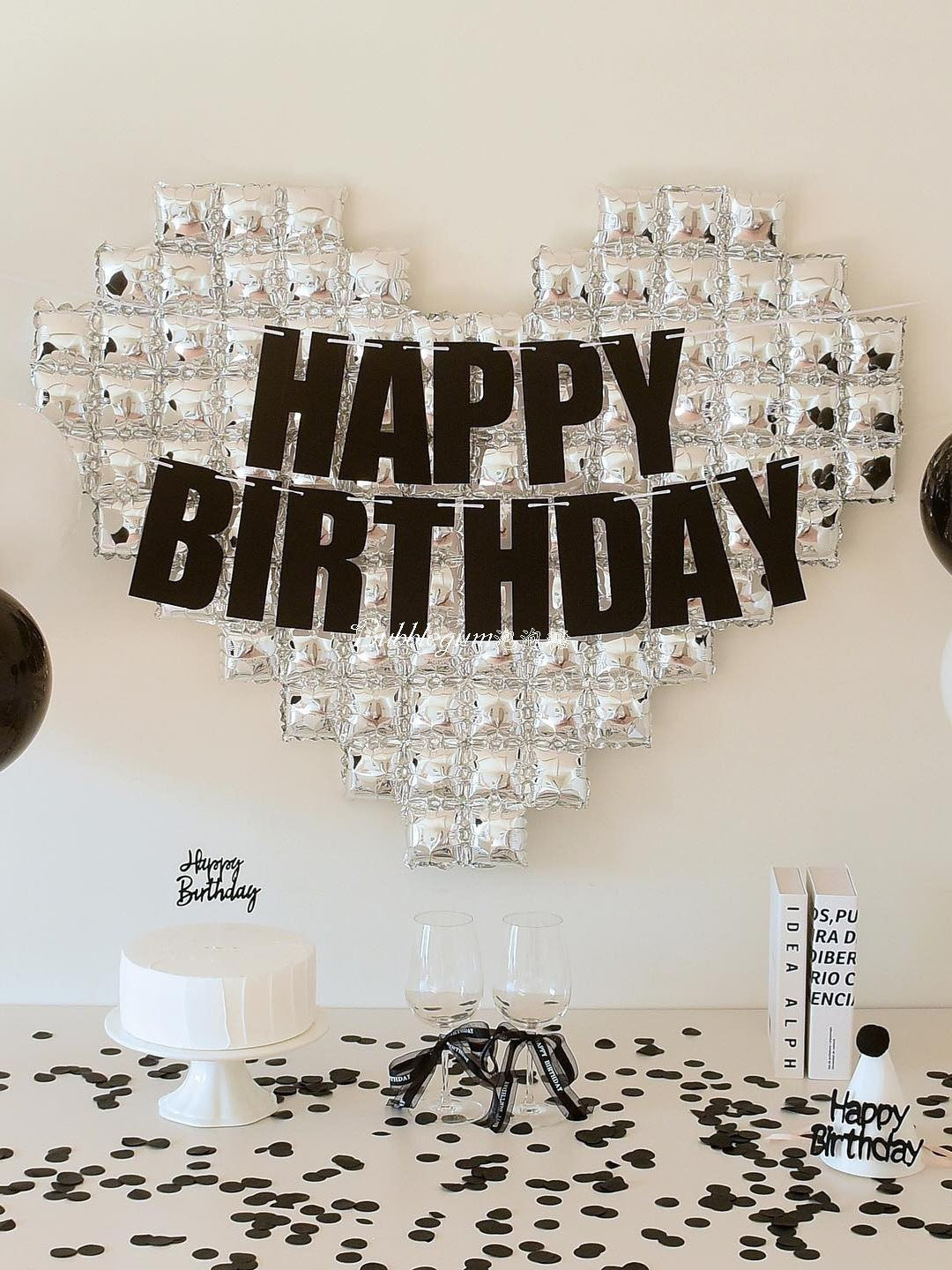 Large Birthday Party Wall Background Balloon - Red & Silver Heart Shapes