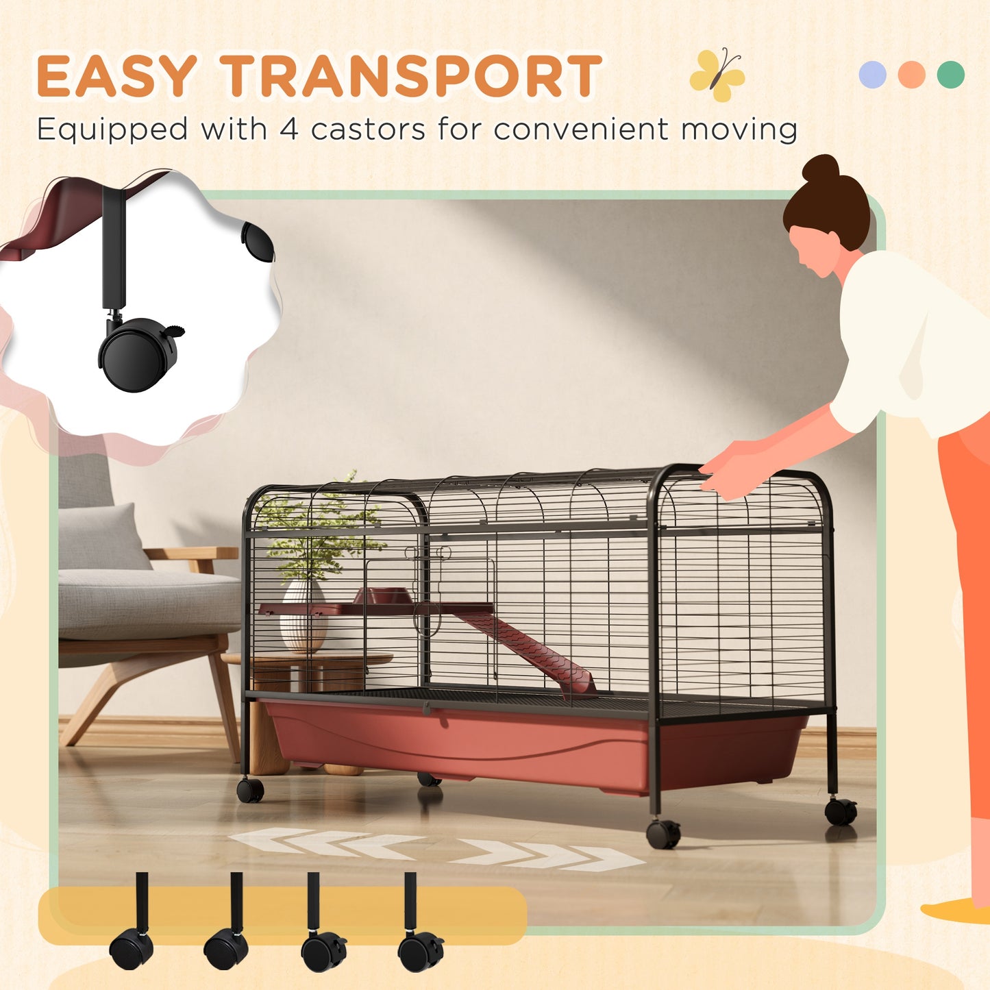48-Inch Small Animal Cage with Wheels, Platform, Ramp & Feeder for Rabbits & Ferrets