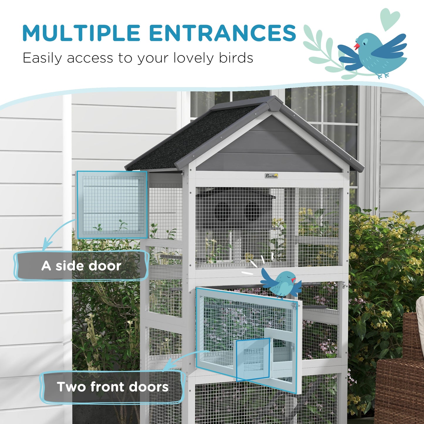Wooden Bird Cage with Slide-Out Tray for Finches and Parakeets - Gray, 865x300x540mm