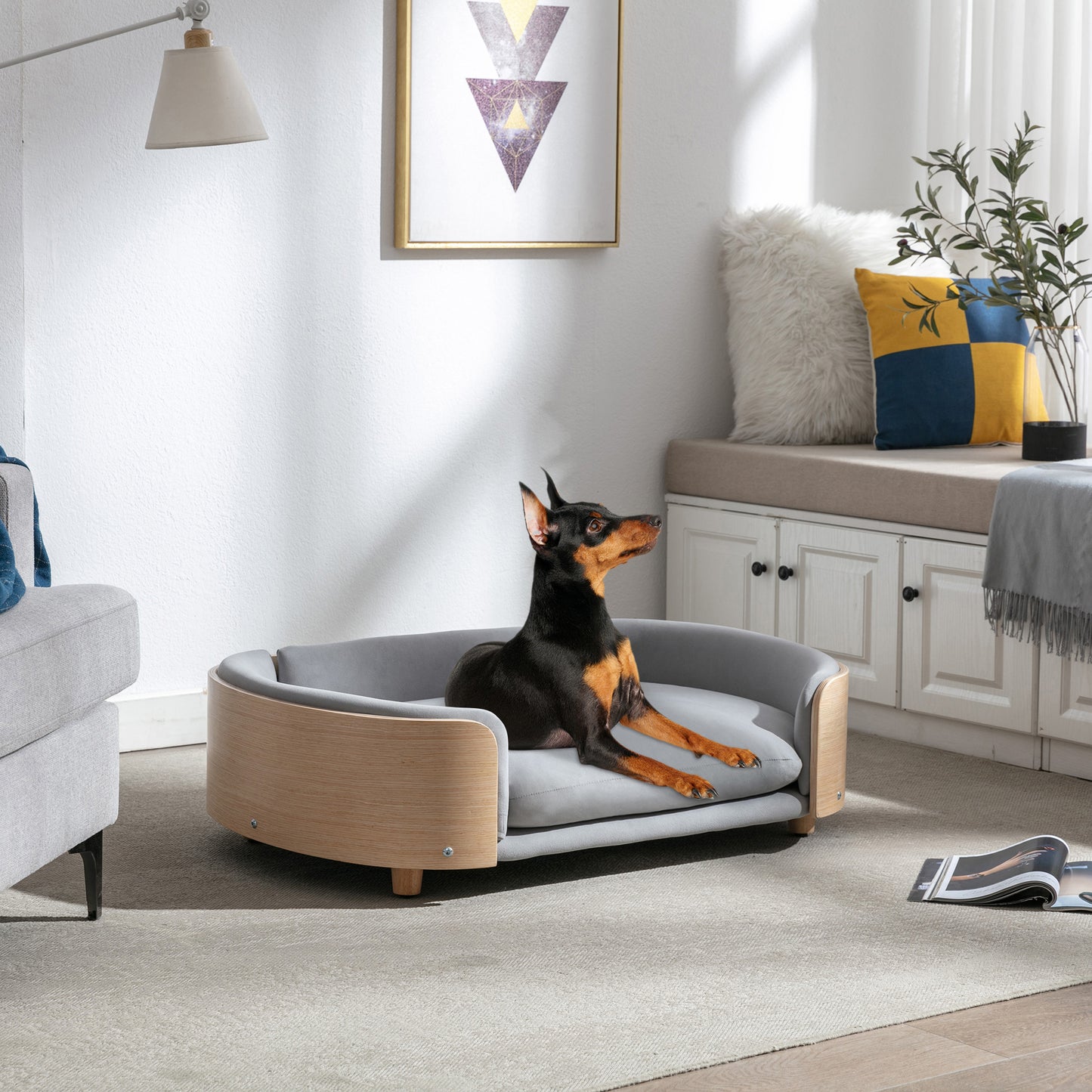 Large Scandinavian Style Elevated Dog Bed with Velvet Cushion and Solid Wood Legs