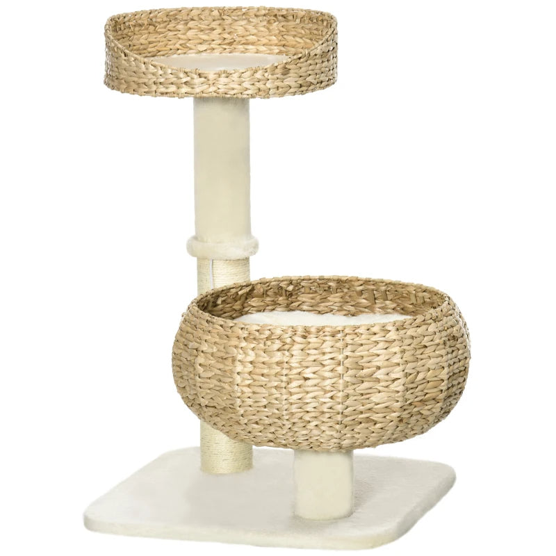 Elevated Cat Bed with Sisal Scratching Post and Toy - Small Modern Cat Tree, Beige Cream