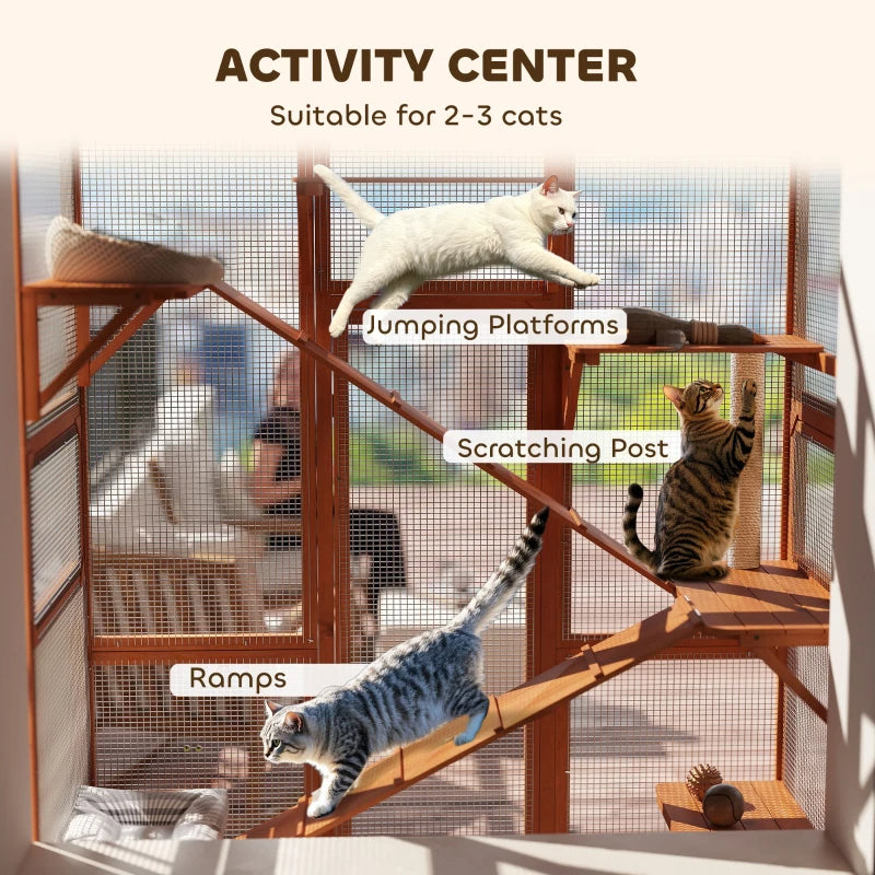 Large Wooden Outdoor Cat Enclosure with 6 Jumping Platforms & Scratching Post