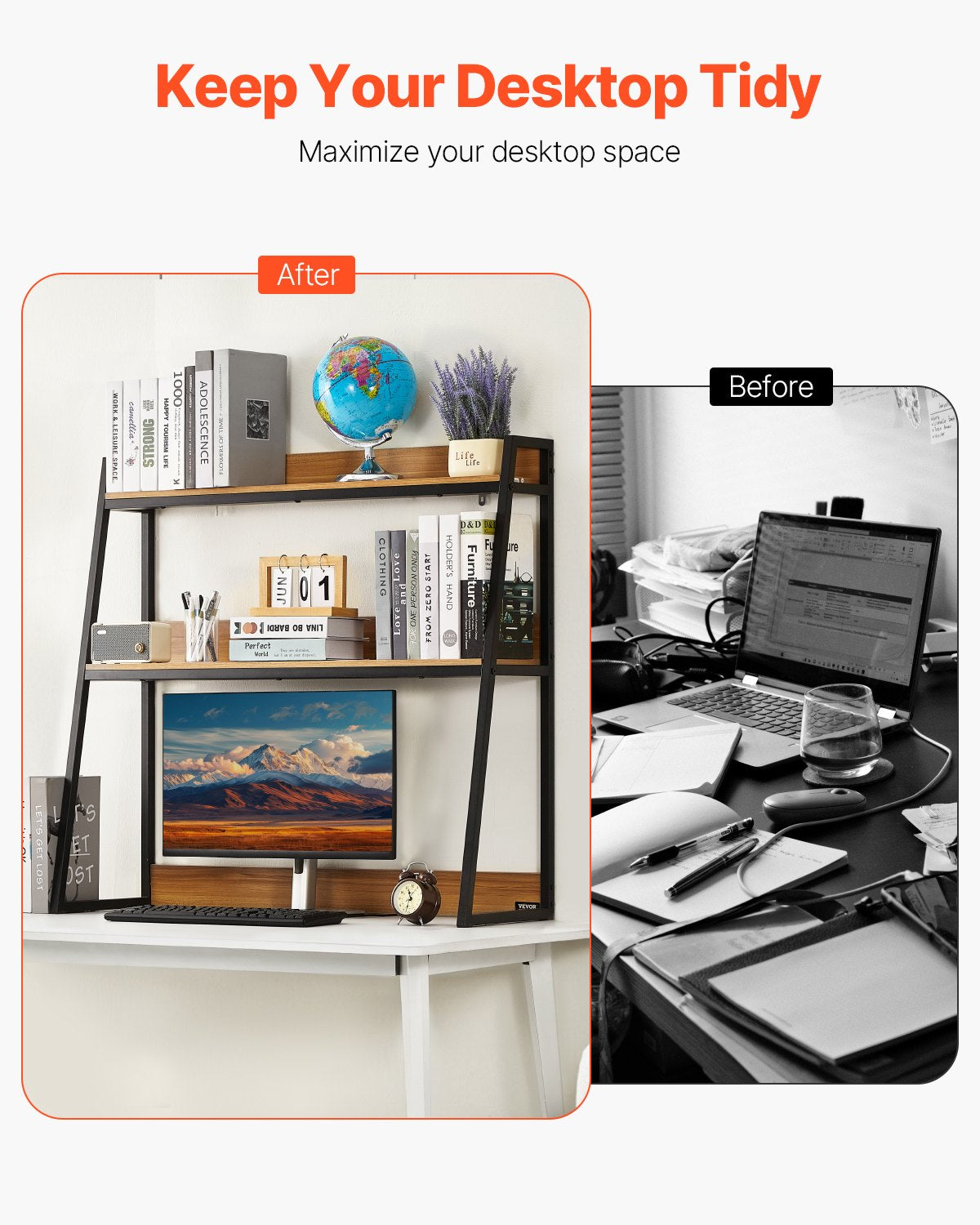 2-Tier Desktop Bookshelf Organizer - Large Capacity Natural Wood