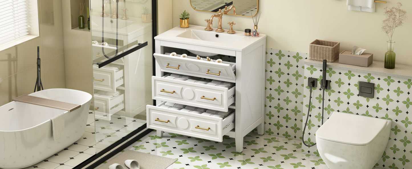 30'' White Bathroom Vanity with Ceramic Sink and 3 Drawers