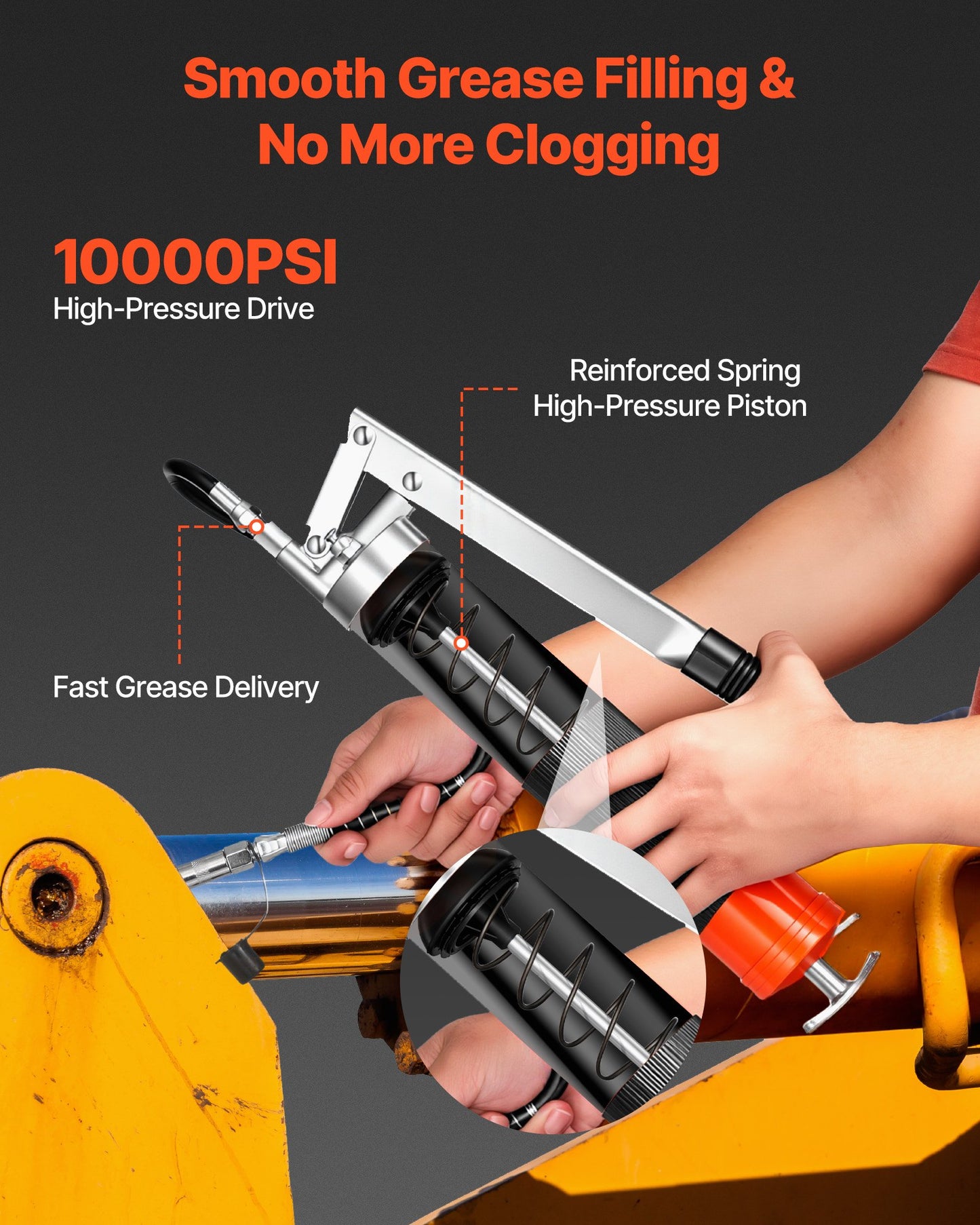 Heavy Duty Pistol Grip Grease Gun 10,000 PSI with 14 Oz Capacity & Flex Hose
