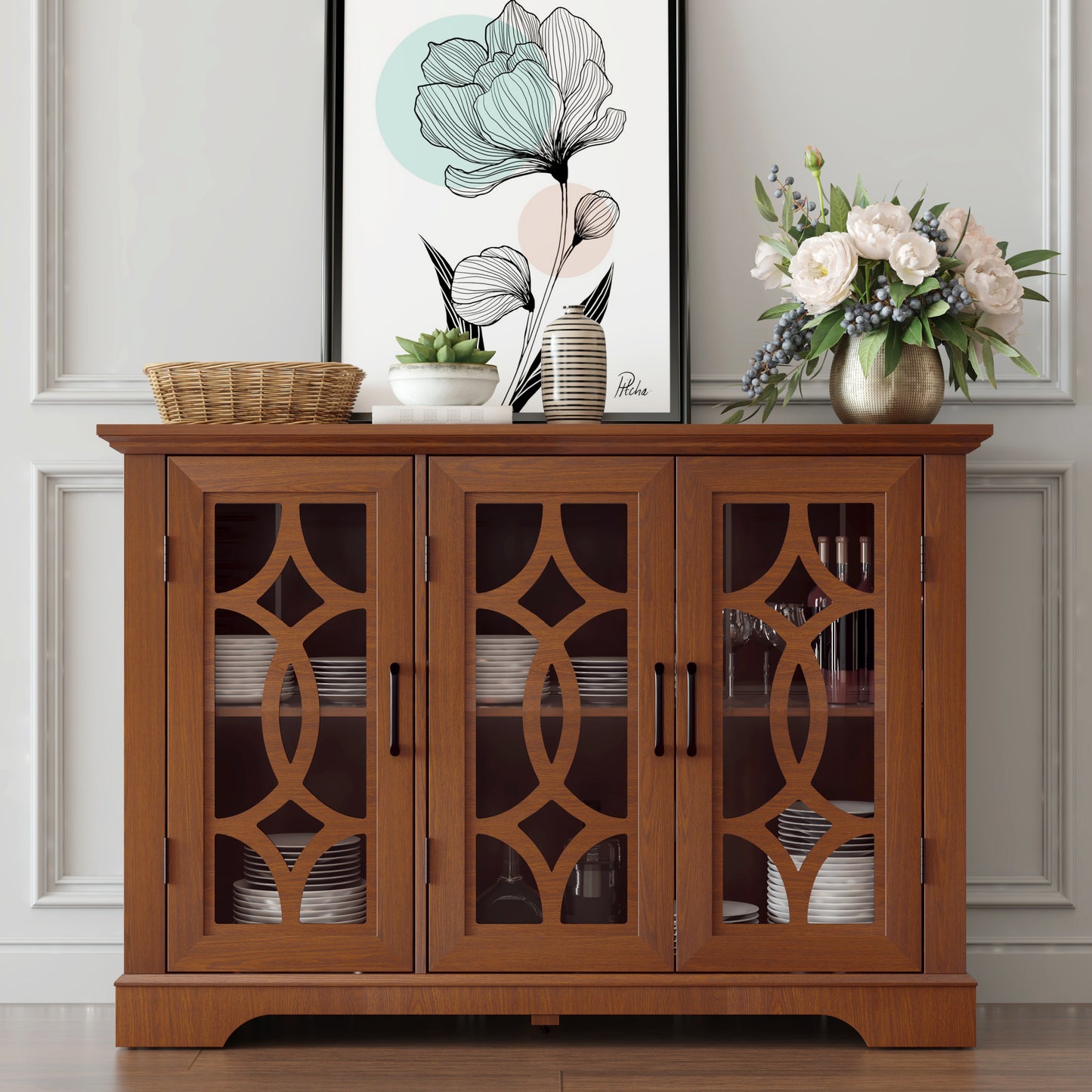 48.66 X 15.55 34.06in Spacious Size Sideboard 3 Clear Tempered Glass
