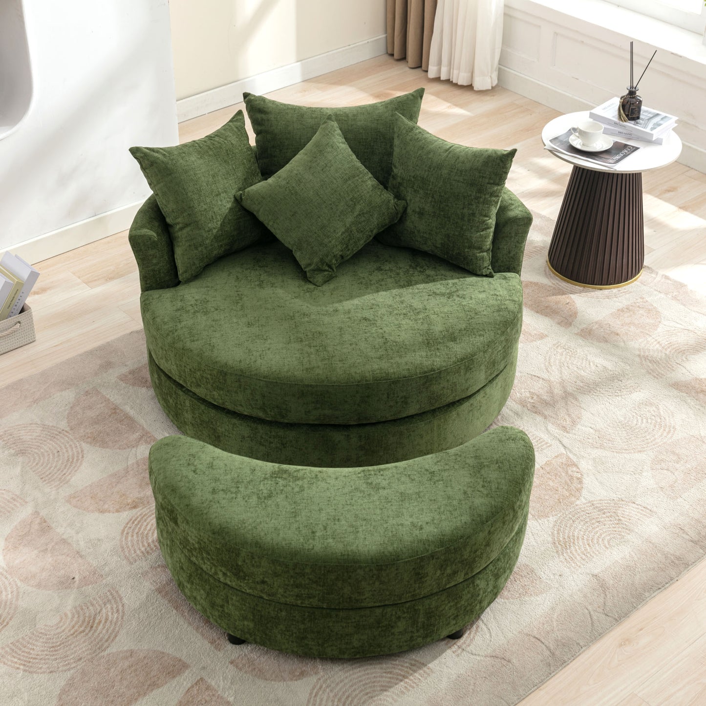 360° Swivel Accent Barrel Chair with Storage Ottoman & 4 Pillows - Green