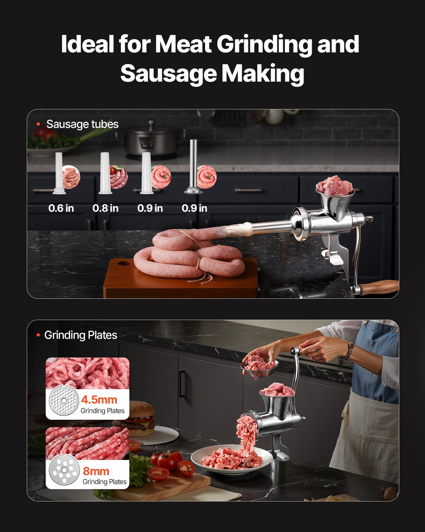 Manual Meat Grinder with Sausage Stuffer - 304 Stainless Steel