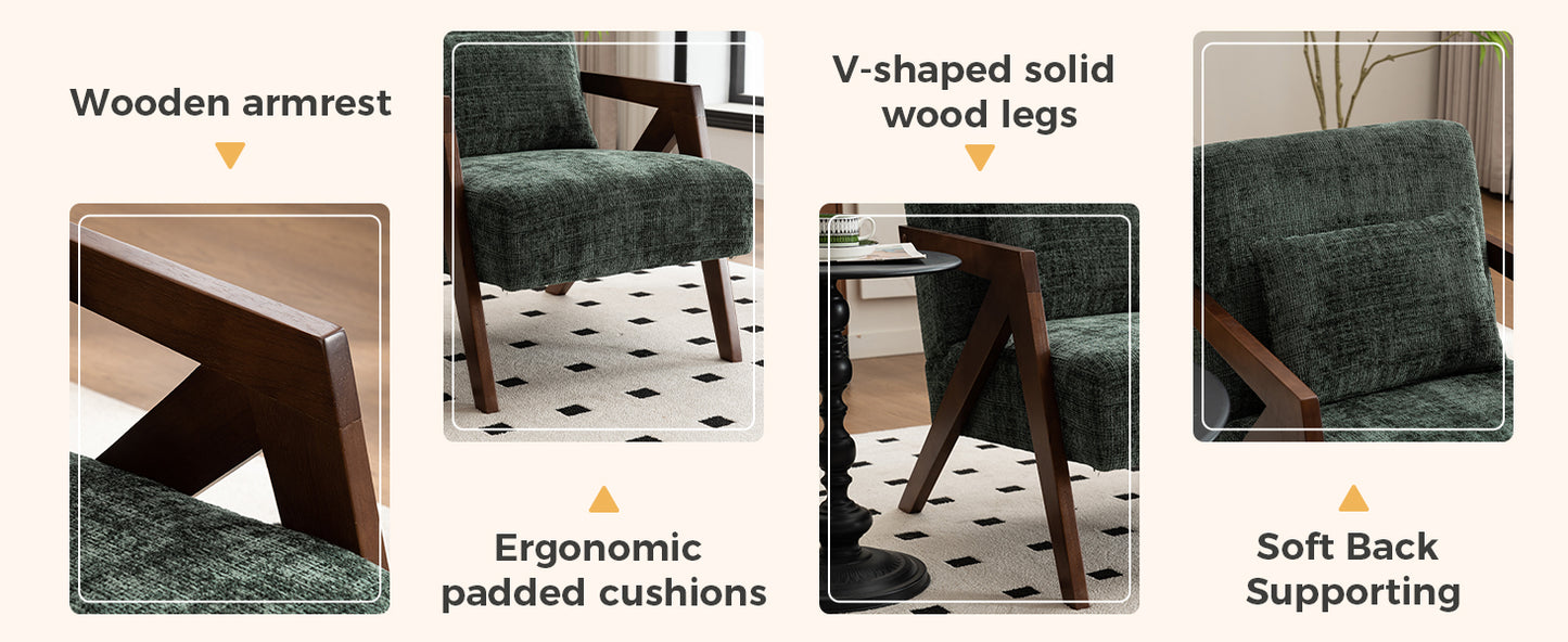 Mid-Century Modern Accent Chair - Dark Green Chenille Upholstered