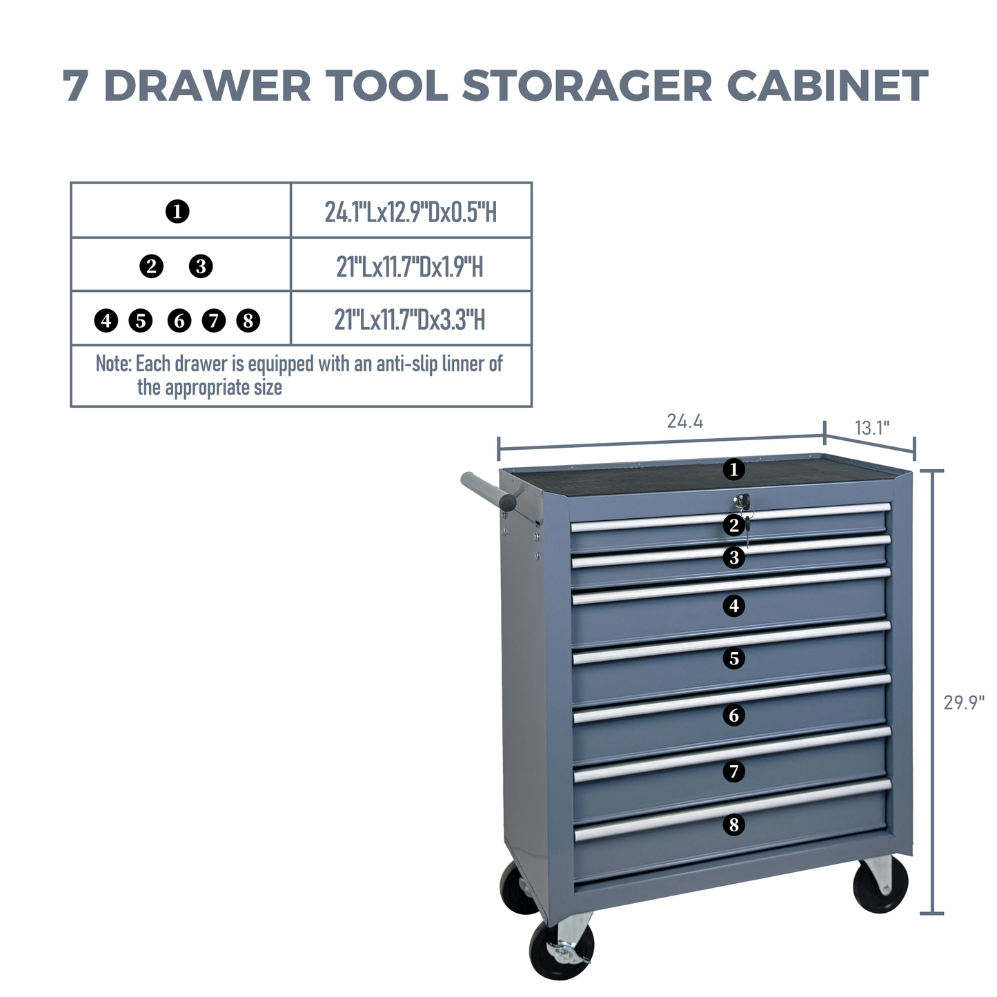 Rolling Tool Chest with 7 Drawers and Wheels - Grey