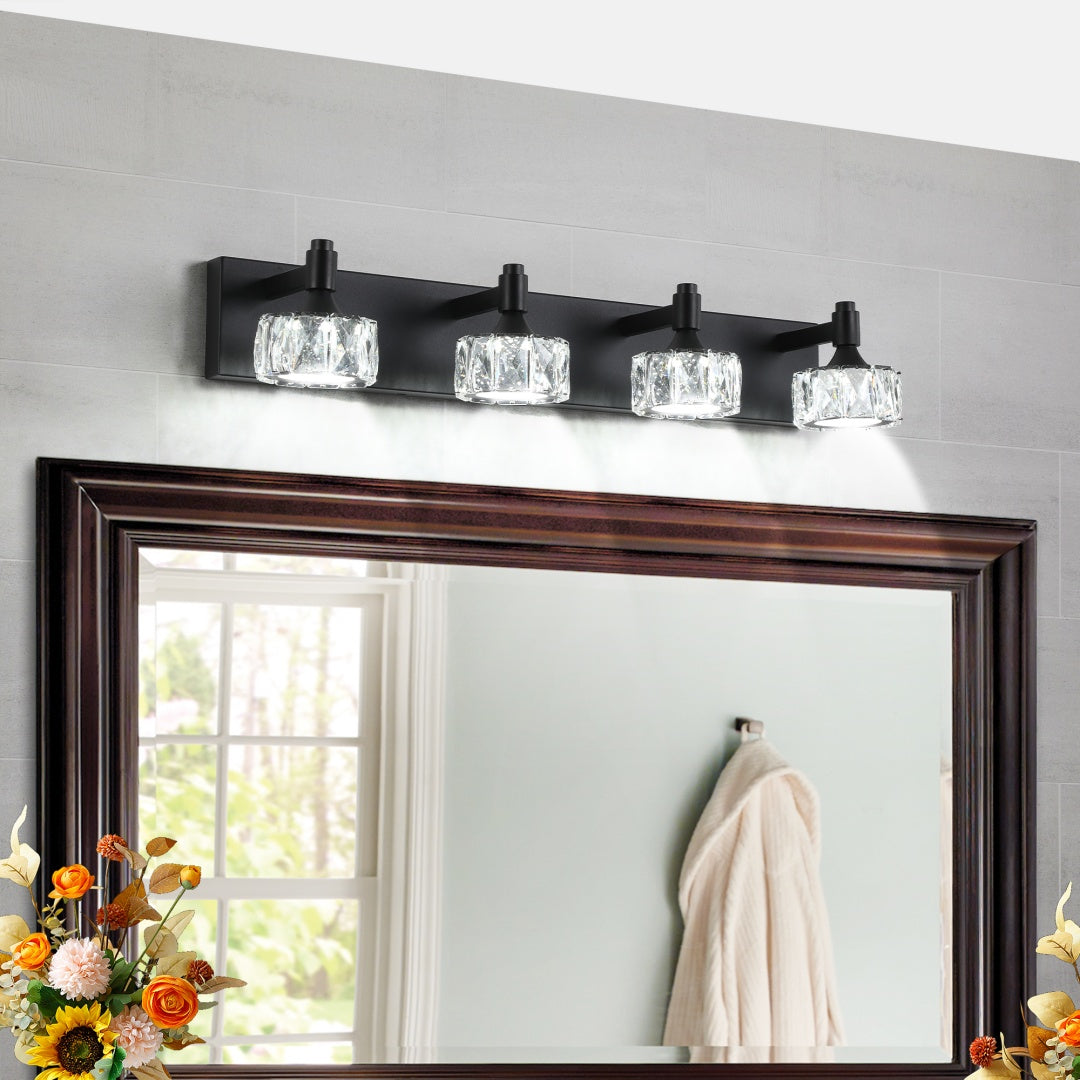 4-Light Matte Black LED Vanity Light Fixture with Crystal Shades
