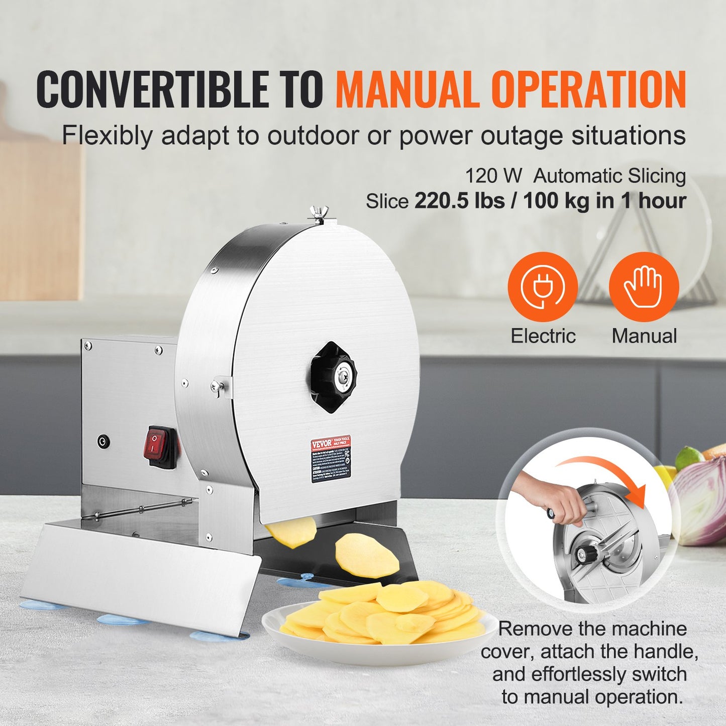 Electric Vegetable Slicer with Adjustable Thickness - Stainless Steel Food Cutter Machine for Potato, Tomato, Lemon, Apple - Silver