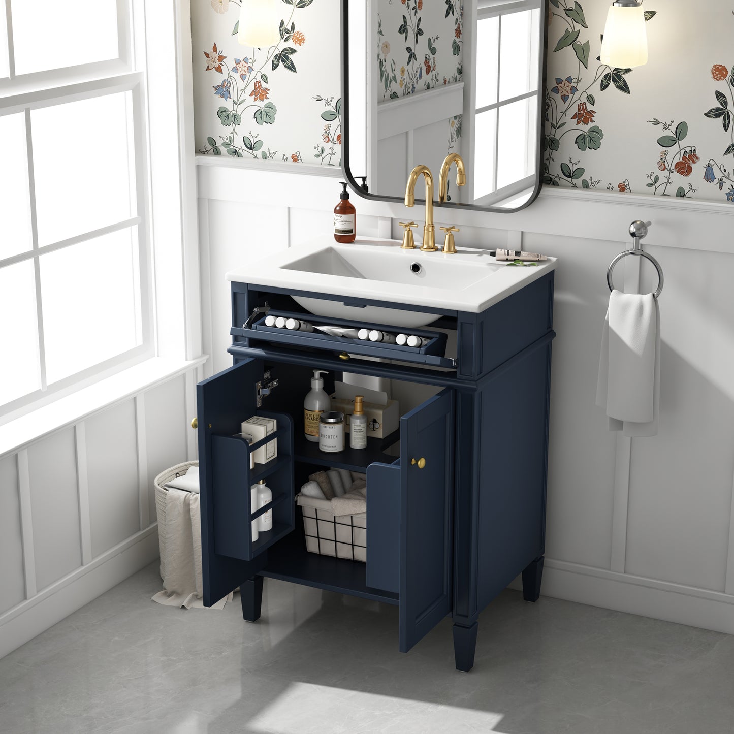 24" Blue Bathroom Vanity with Soft-Close Doors & Storage Drawer