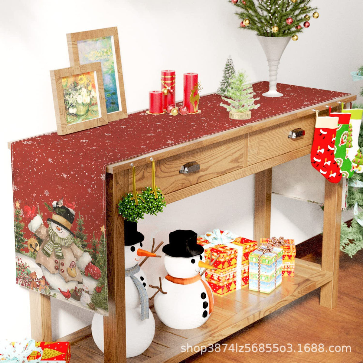 Christmas Snowman Linen Table Runner 30x180cm Festive Holiday Decor