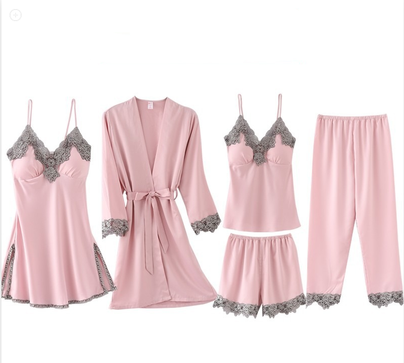 Thin Ice Silk Nightdress Pajama Set - 5-Piece Suit for Ladies