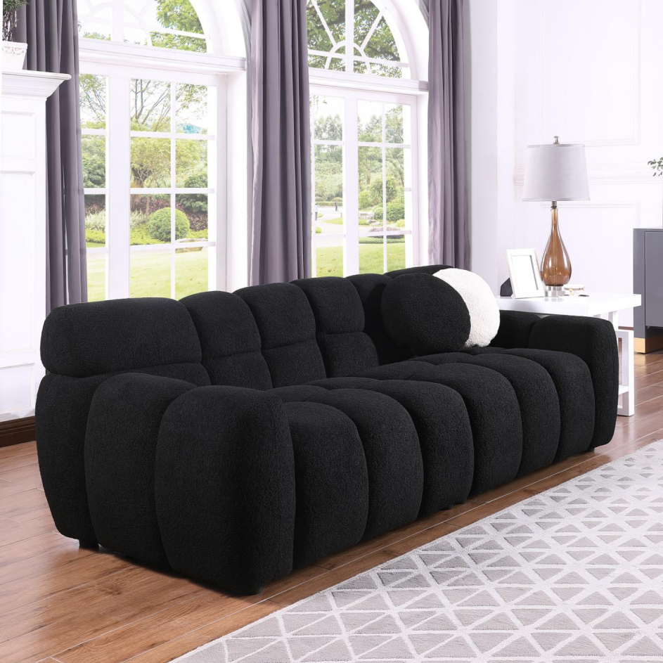87.4" Black Boucle Sofa - 3 Seater with Plush Cushions