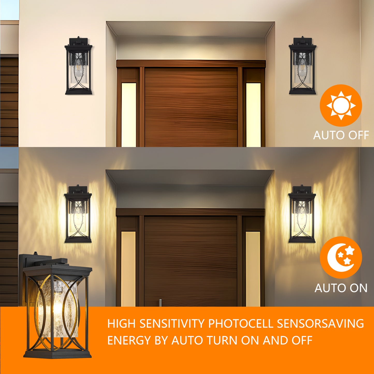 Black Outdoor Wall Lantern with Dusk to Dawn Sensor - Waterproof Aluminum Exterior Light Fixture