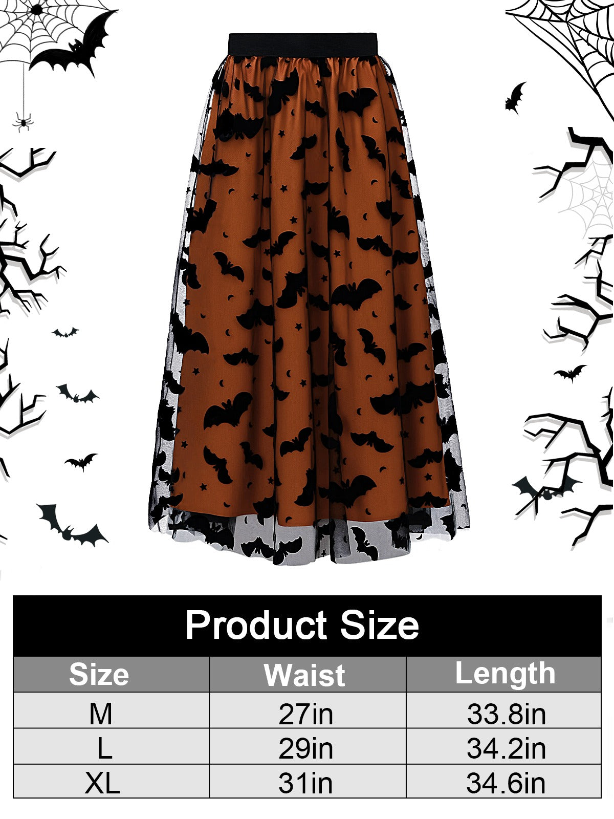Women's Halloween Tulle Tutu Skirt - Pumpkin & Bat Design, Size L