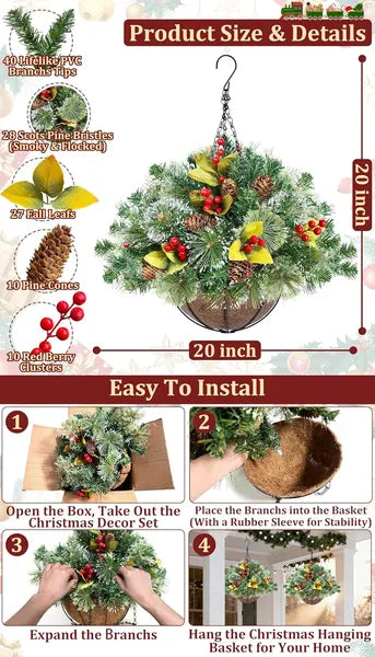 20-Inch Christmas Hanging Basket with LED Lights & Remote Control