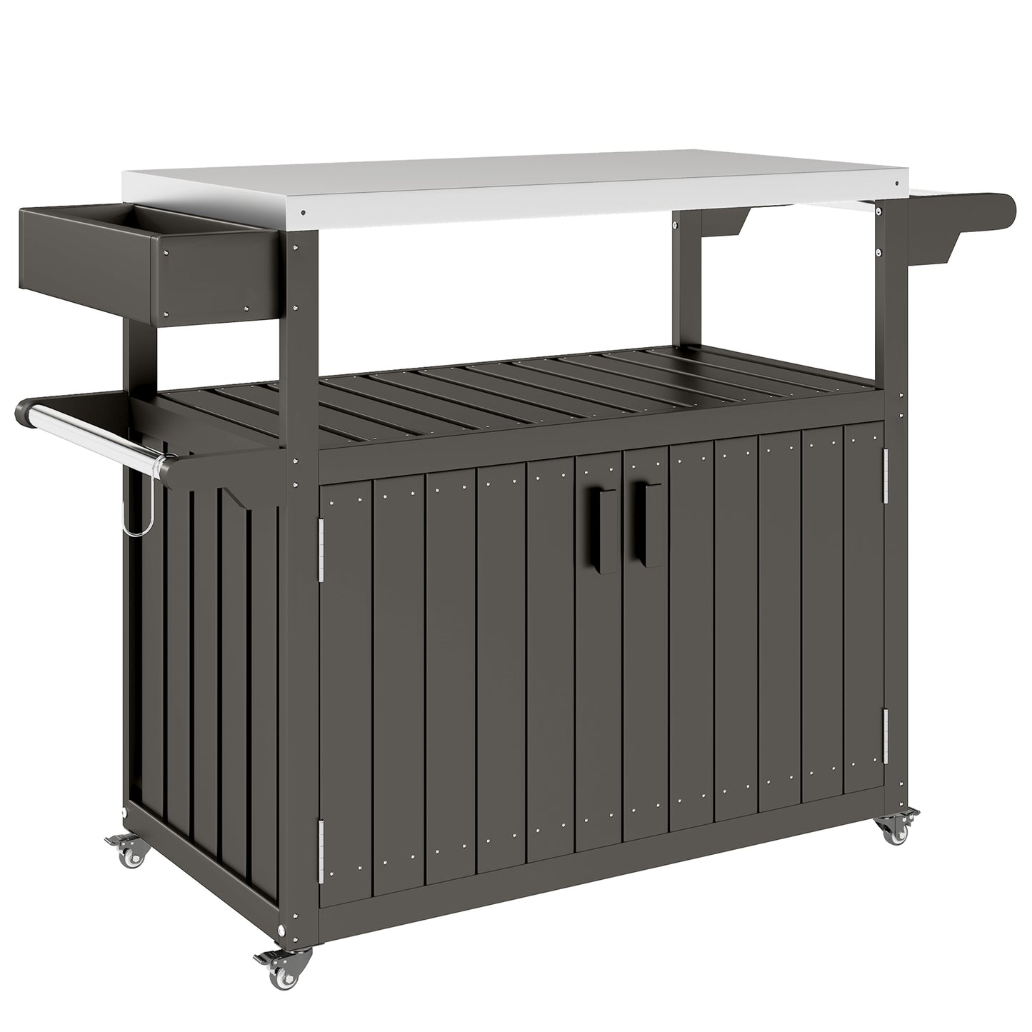 Outdoor Bar Cart - Stainless Steel Top, HDPE Storage, Wheeled - Dark Gray