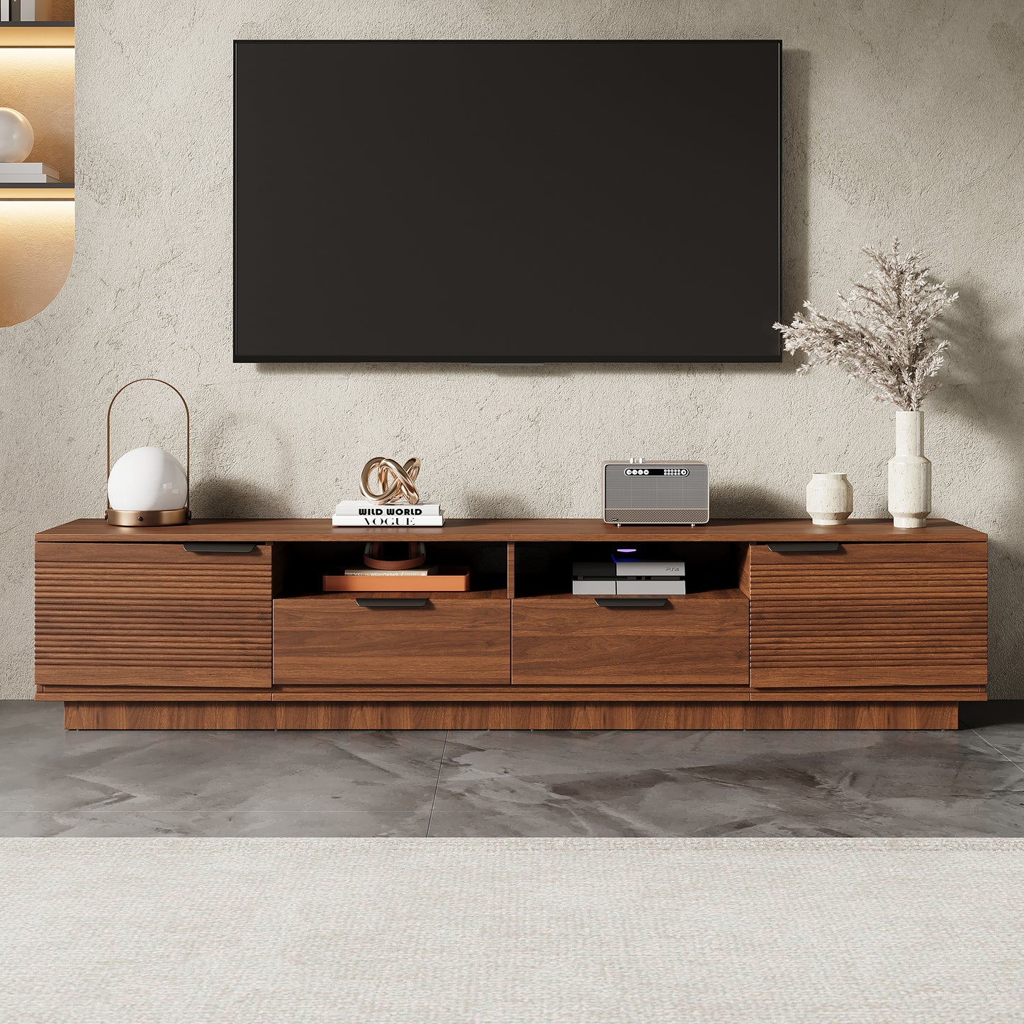 78 Inch Modern TV Stand for 85 Inch TVs - Walnut Finish