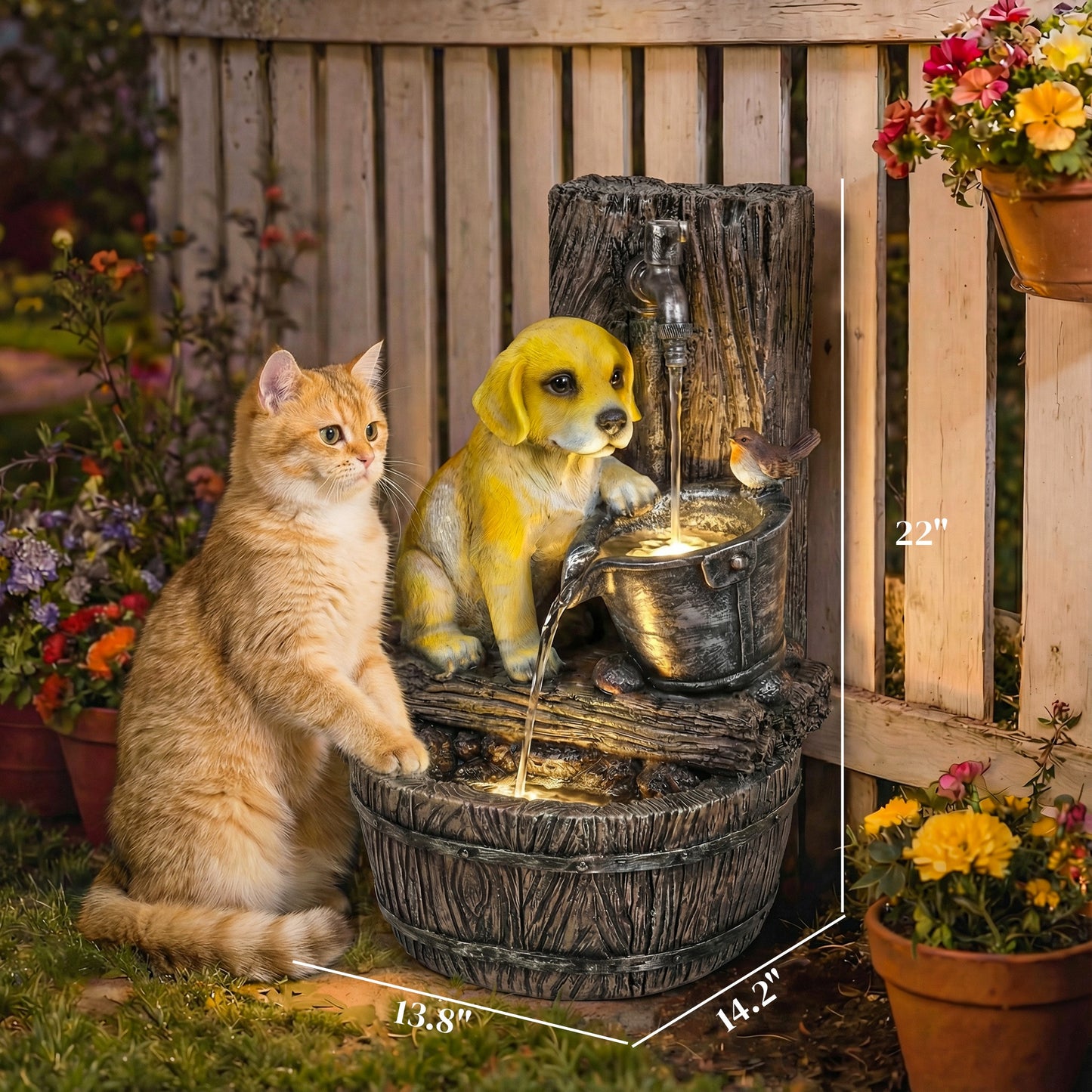 22-Inch Outdoor Fountain with Puppy Theme, Resin Garden Water Feature with LED Lights