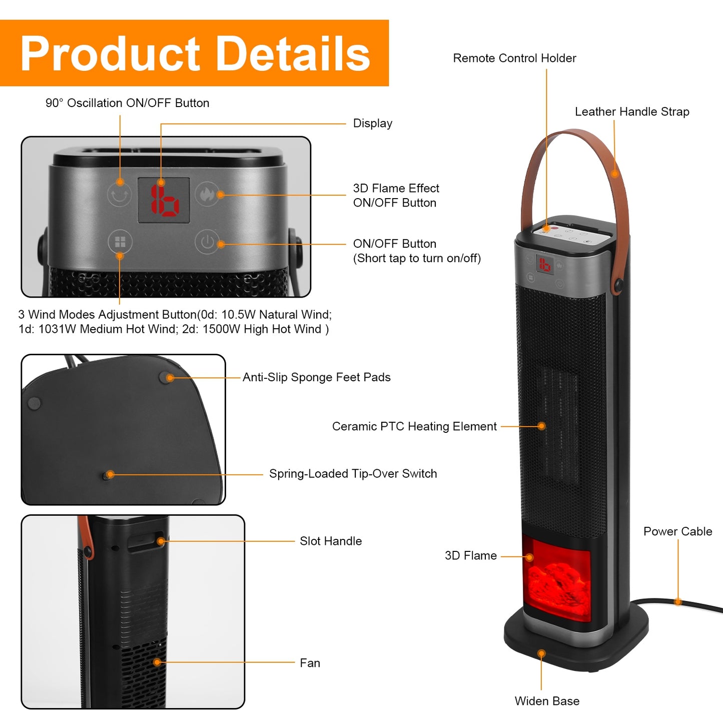 1500W Oscillating Space Heater with 3D Flame Effect, Remote, Timer, Black
