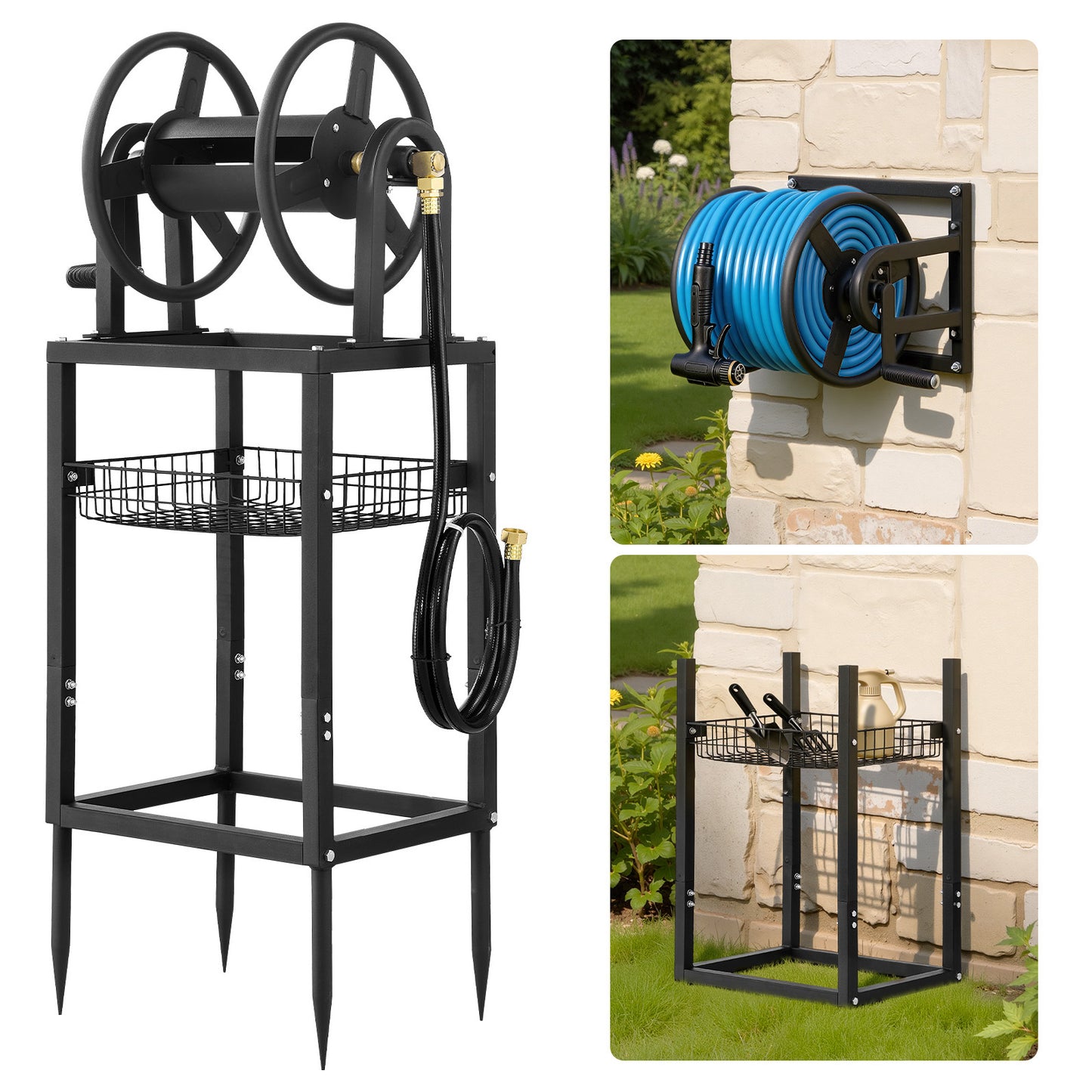 Freestanding Garden Hose Reel 125ft with Brass Fitting & Wall or Ground Mount