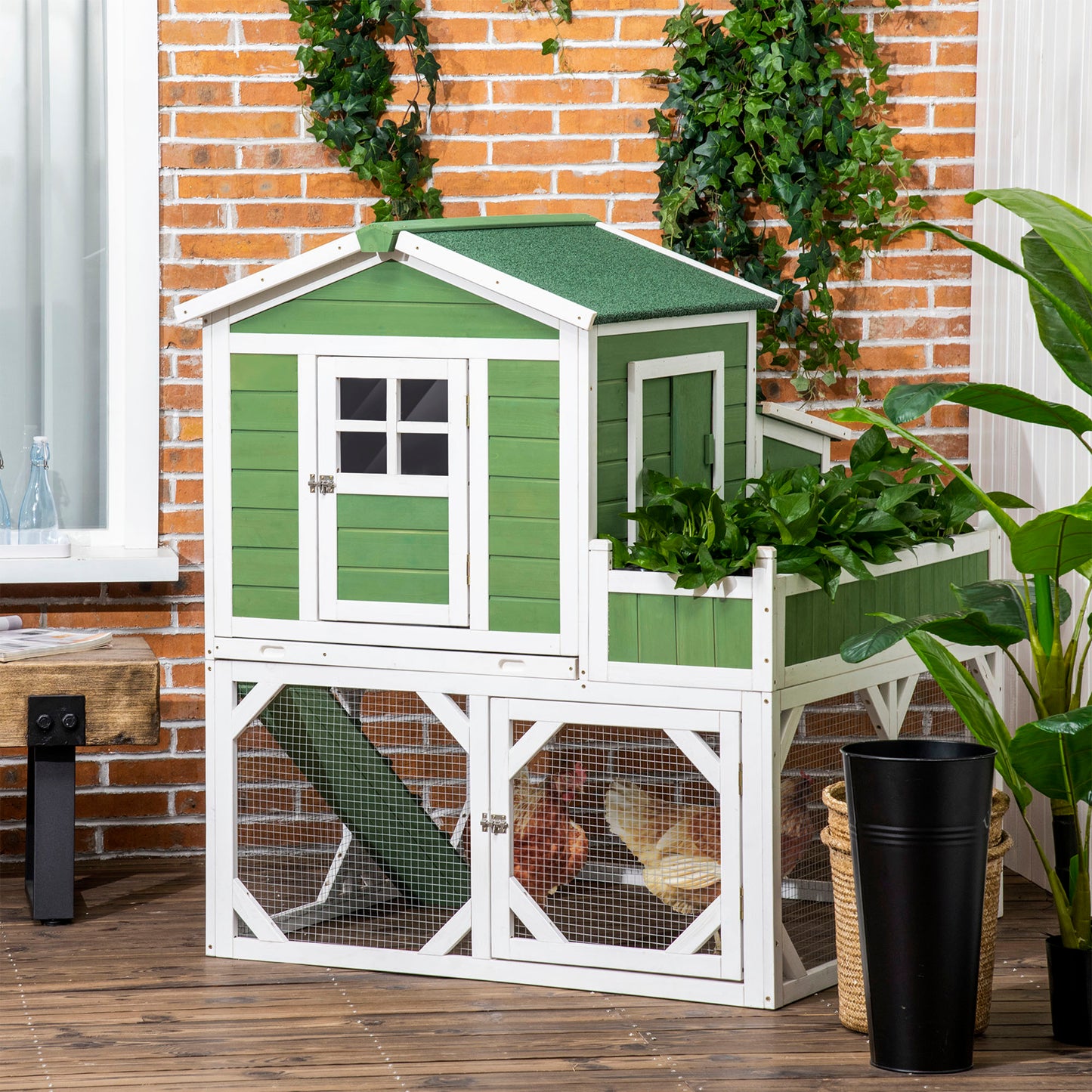 49-Inch Small Chicken Coop with Garden Space, Weatherproof Outdoor Hen House - Green
