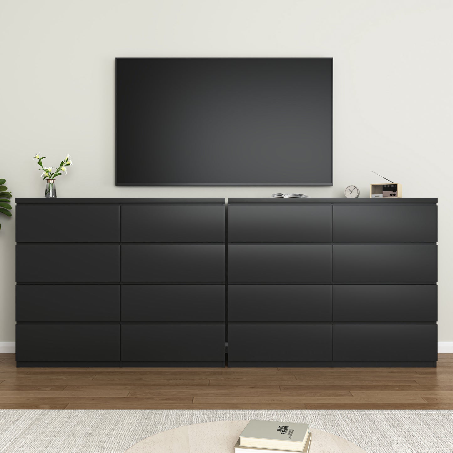 8-Drawer Black Dresser - Modern Wood Chest for Bedroom