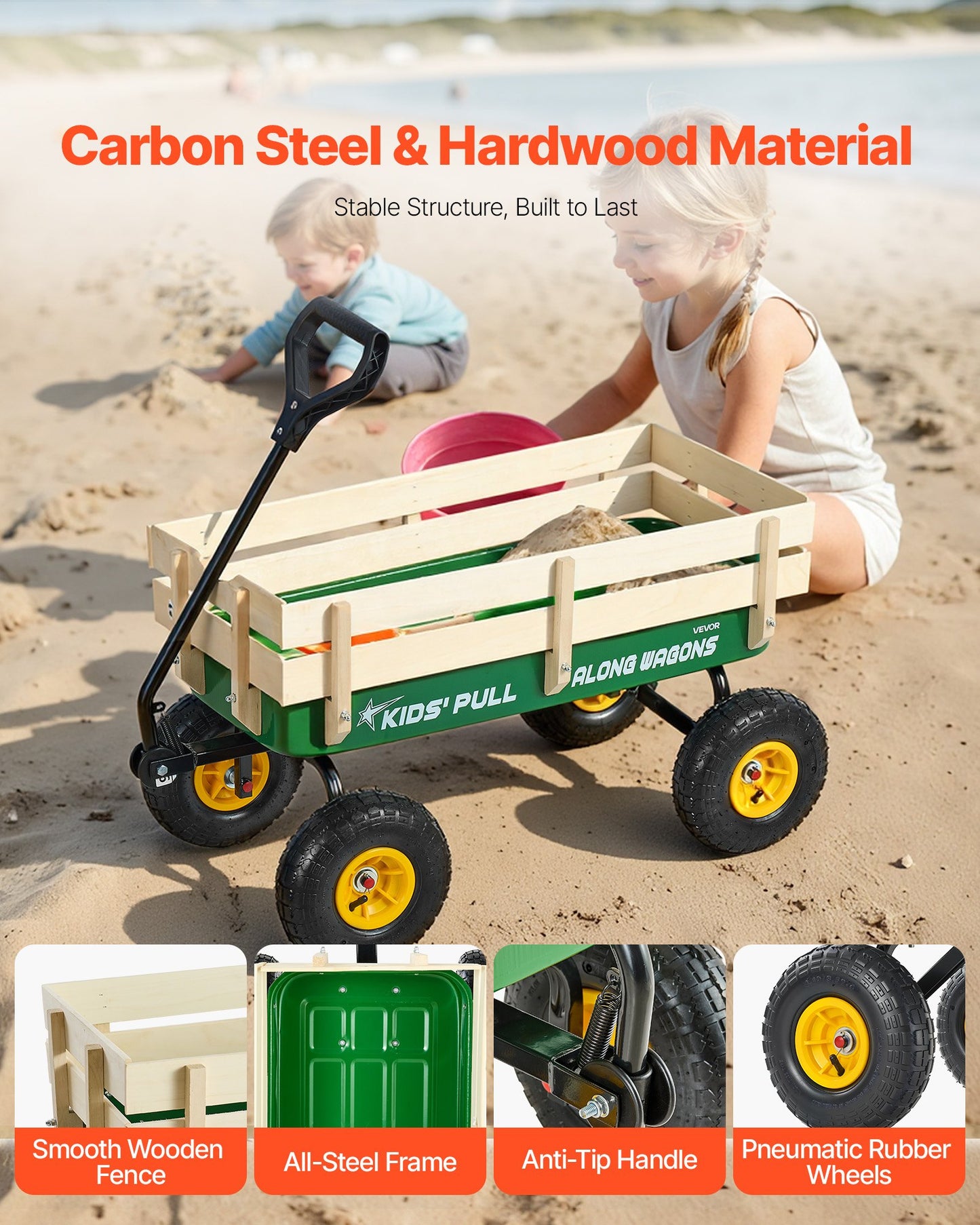 All-Terrain Kids Pull-Along Wagon 39 Inch with Wooden Panels & Heavy Duty Handle