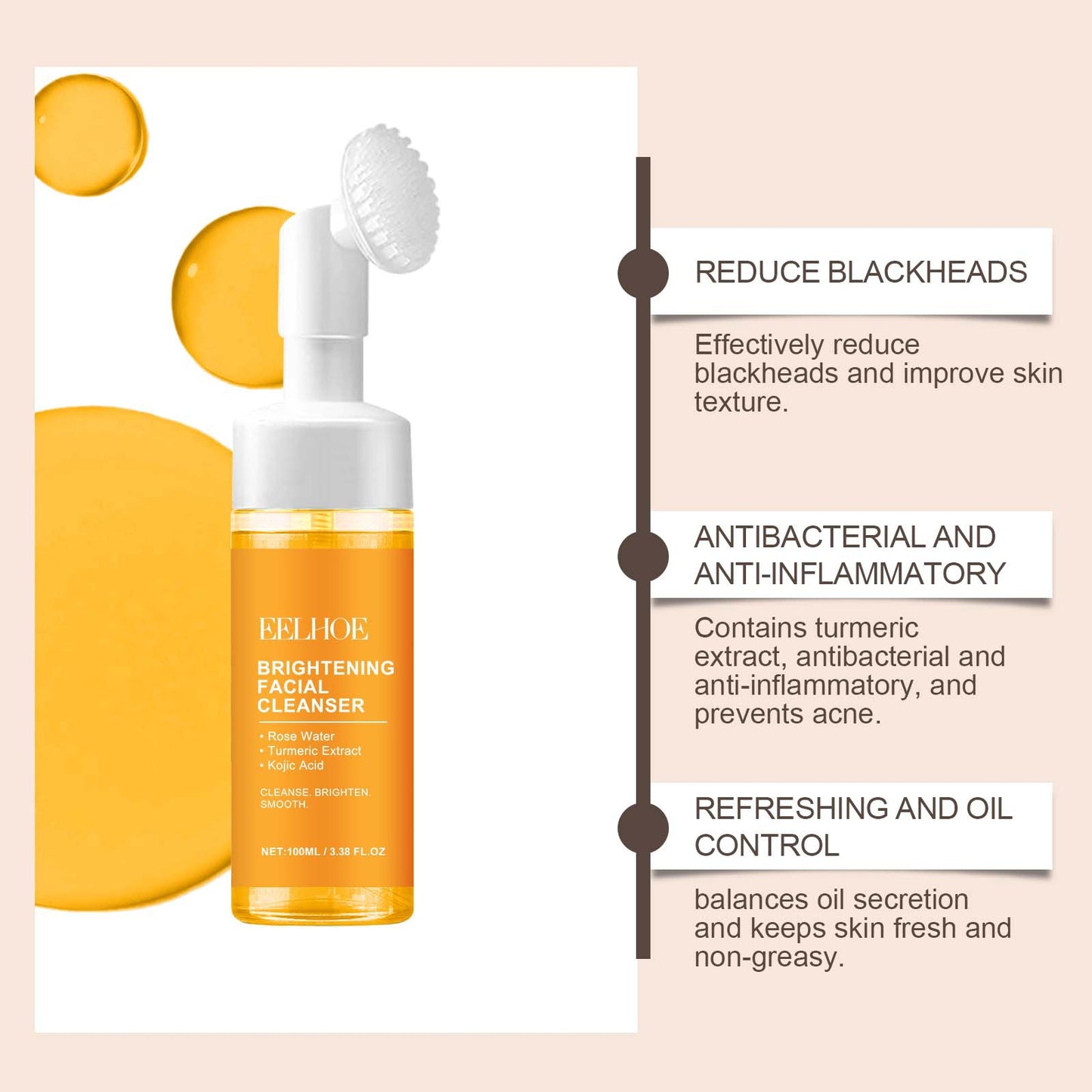 Turmeric Brightening Facial Cleanser with Silicone Massage Brush 100ml - Hydrating Face Wash