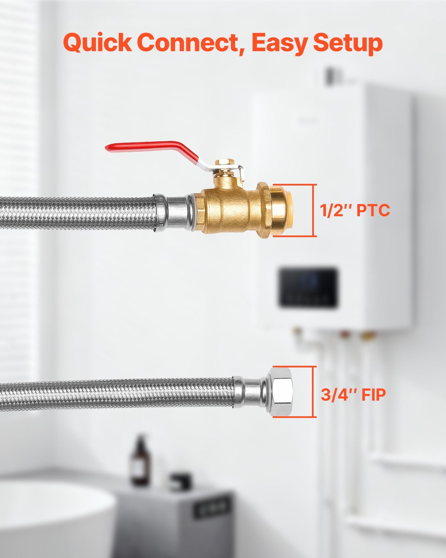 Water Heater Push-Fit Valve Connector Kit - Stainless Steel Braided, 3/4" FIP to 1/2" PTC, Black