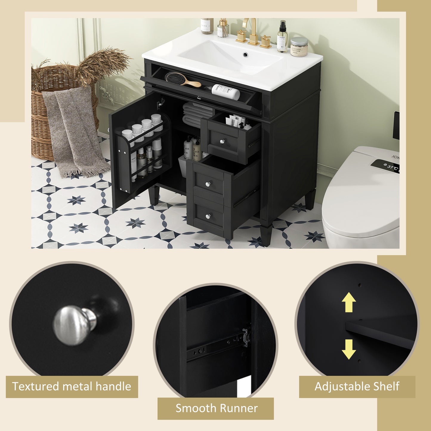30'' Modern Bathroom Vanity with Sink - Black Storage Cabinet