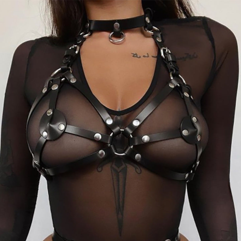 Women's PU Leather Bondage Set with Top and Bottom - Adjustable Slim Fit