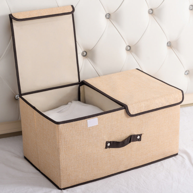Foldable Cotton Linen Storage Box with Double Lid - Multi-Purpose Home Organizer