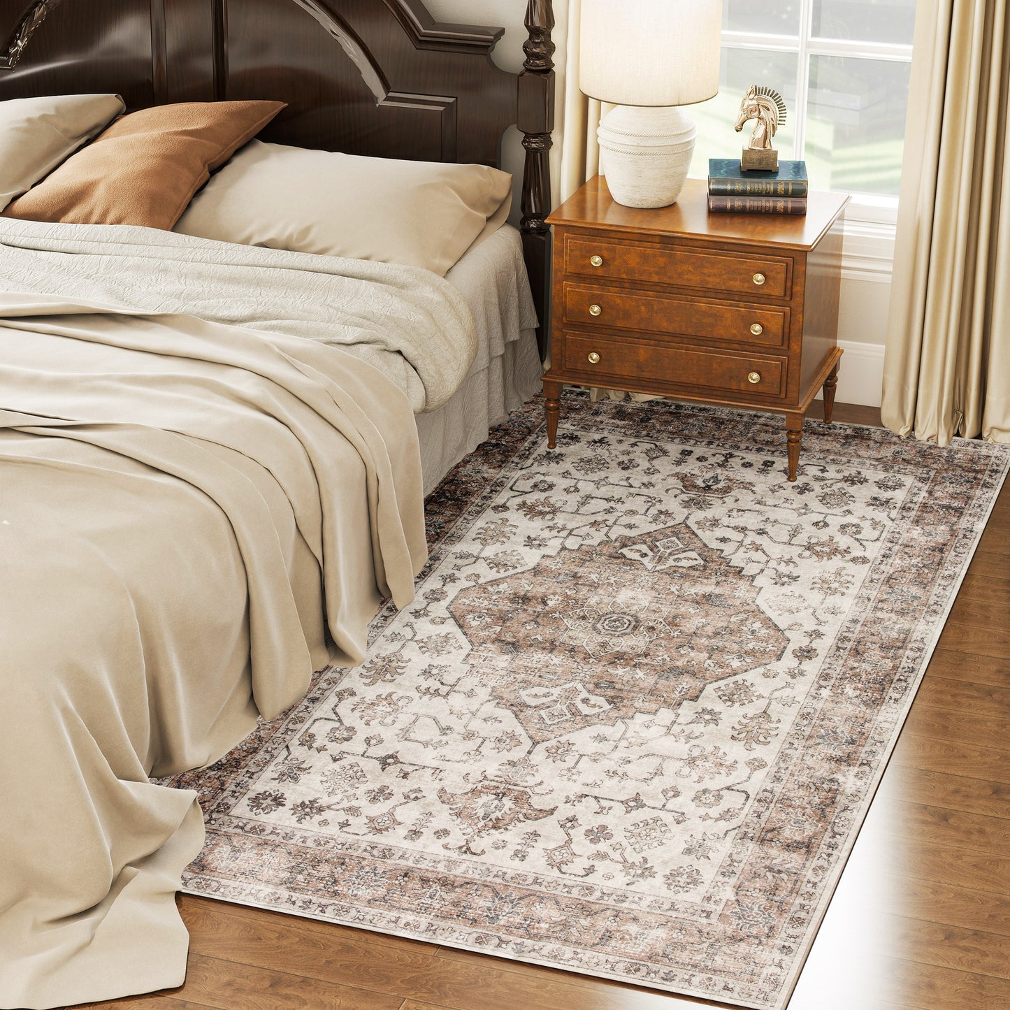 4x6 Vintage Machine Washable Area Rug - Non-Slip Brown Carpet