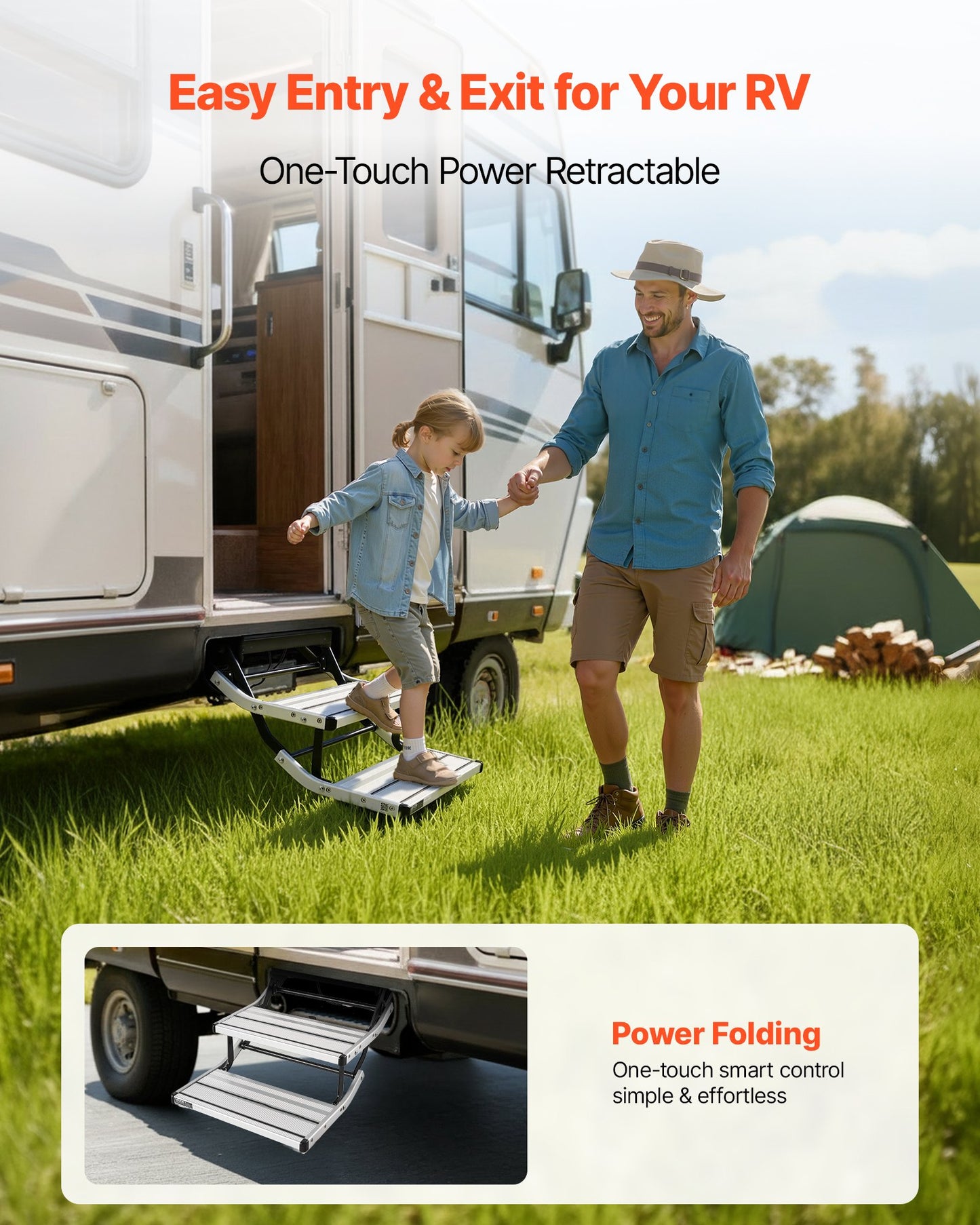 Electric RV Steps - 2-Step Aluminum Folding Camper Stair with Non-Slip Treads