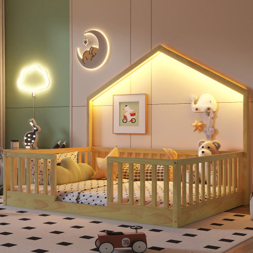 Full Montessori Floor Bed with High Rails & LED Light - Natural